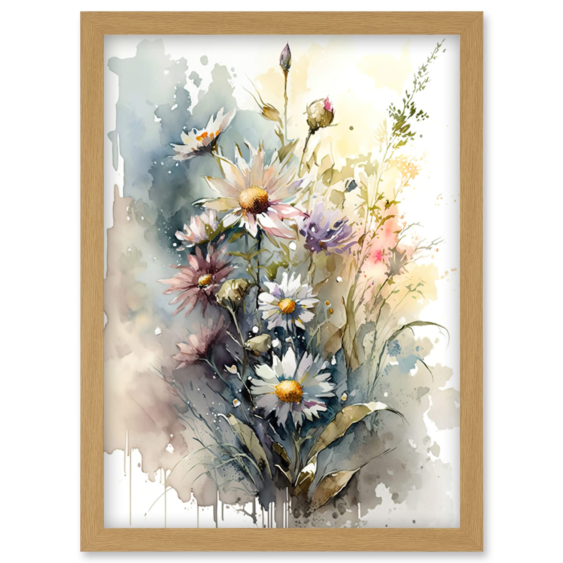 Artery8 Wild Flower Daisies in Bloom Modern Boho Watercolour Painting Artwork Framed Wall Art Print A4