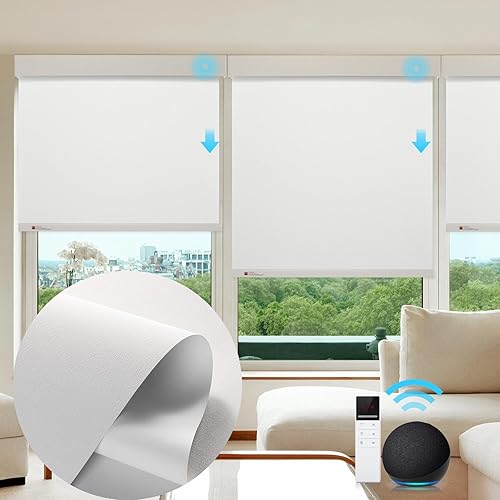 Miniatura 10 de ZSTARR Persiana inteligente motorizada para ventana, persiana enrollable opaca automática compatible con control remoto, seguridad infantil, batería