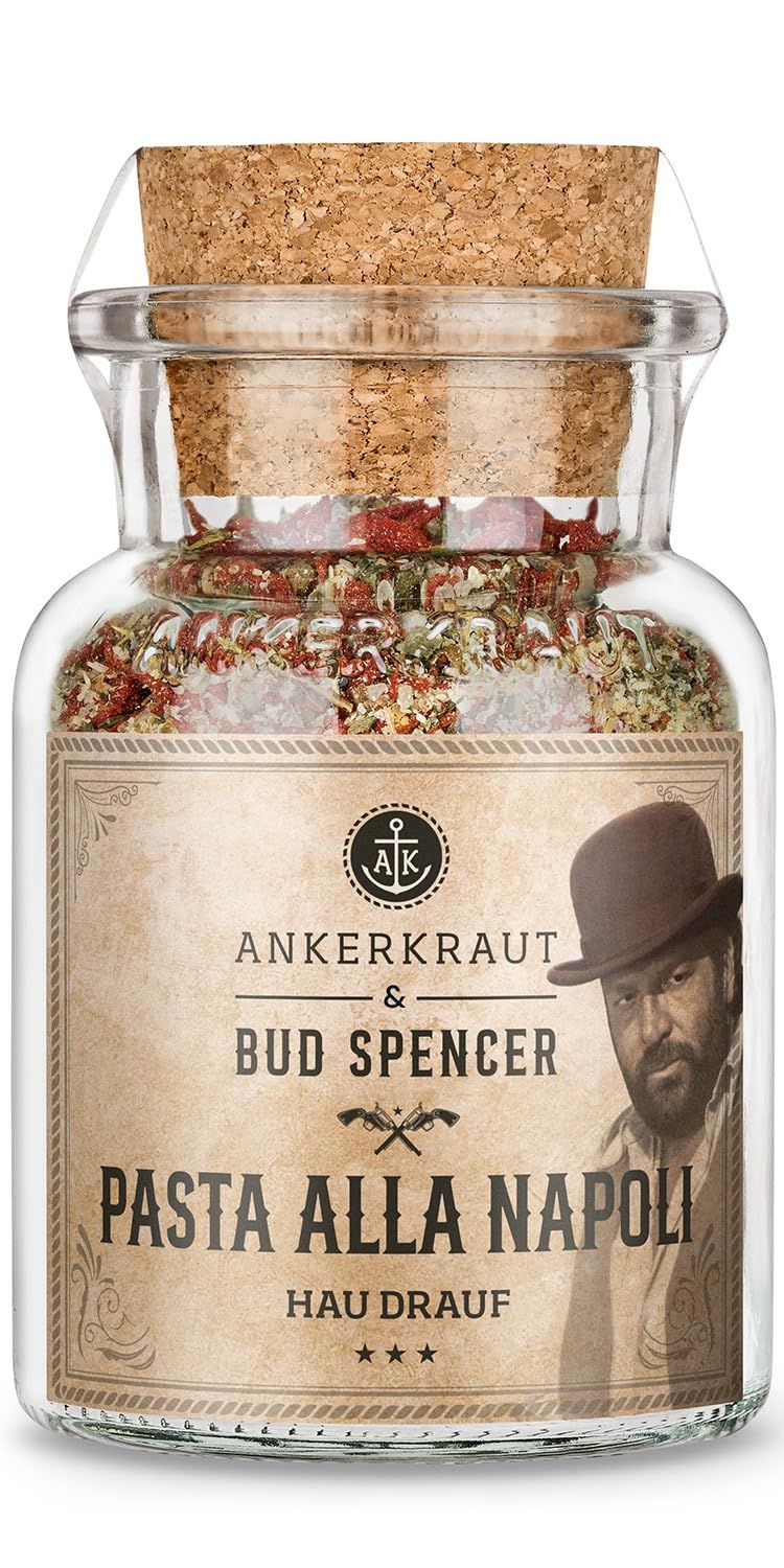 Ankerkraut Pasta alla Napoli, Bud Spencer Edition, Mischung würzender Zutaten für Pasta, mit Tomatenchips, Meersalz, Knoblauch, Basilikum, Oregano und Pfeffer, 95 g im Korkenglas