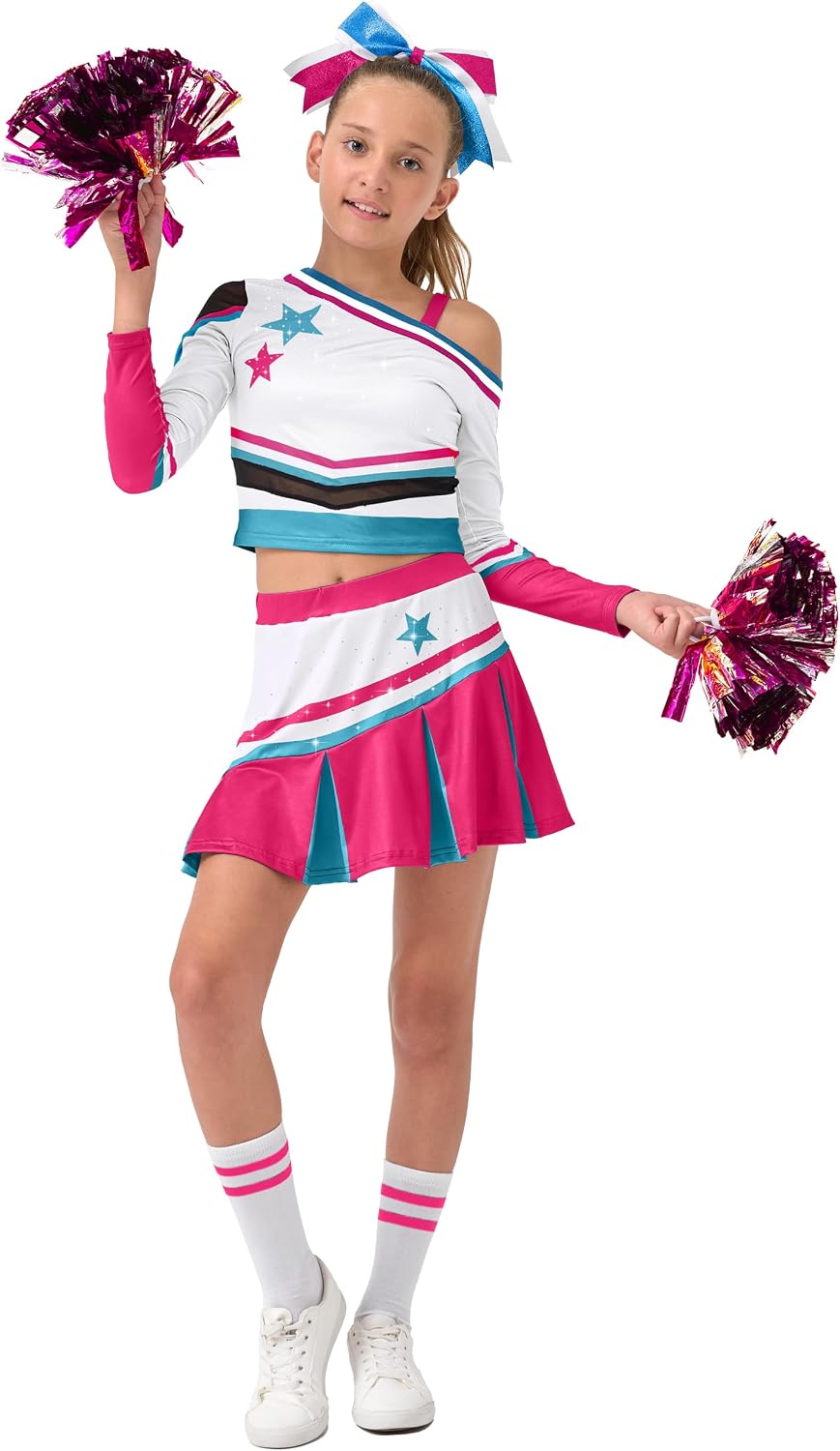 LOLANTA Girls Cold-Shoulder Cheerleader Costume Sparkle Mesh Patchwork Cheer Uniform Halloween Party Cheerleading Outfit