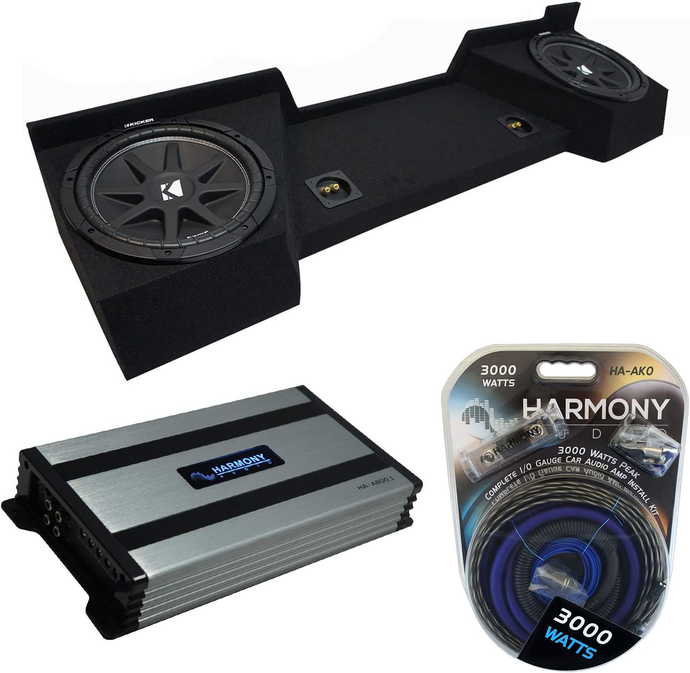 Harmony Audio Compatible with 2007-2013 GMC Sierra Extended Cab Truck Kicker Bundle Comp C10 Dual 10" Sub Box Enclosure & Harmony HA-A800.1 Amp