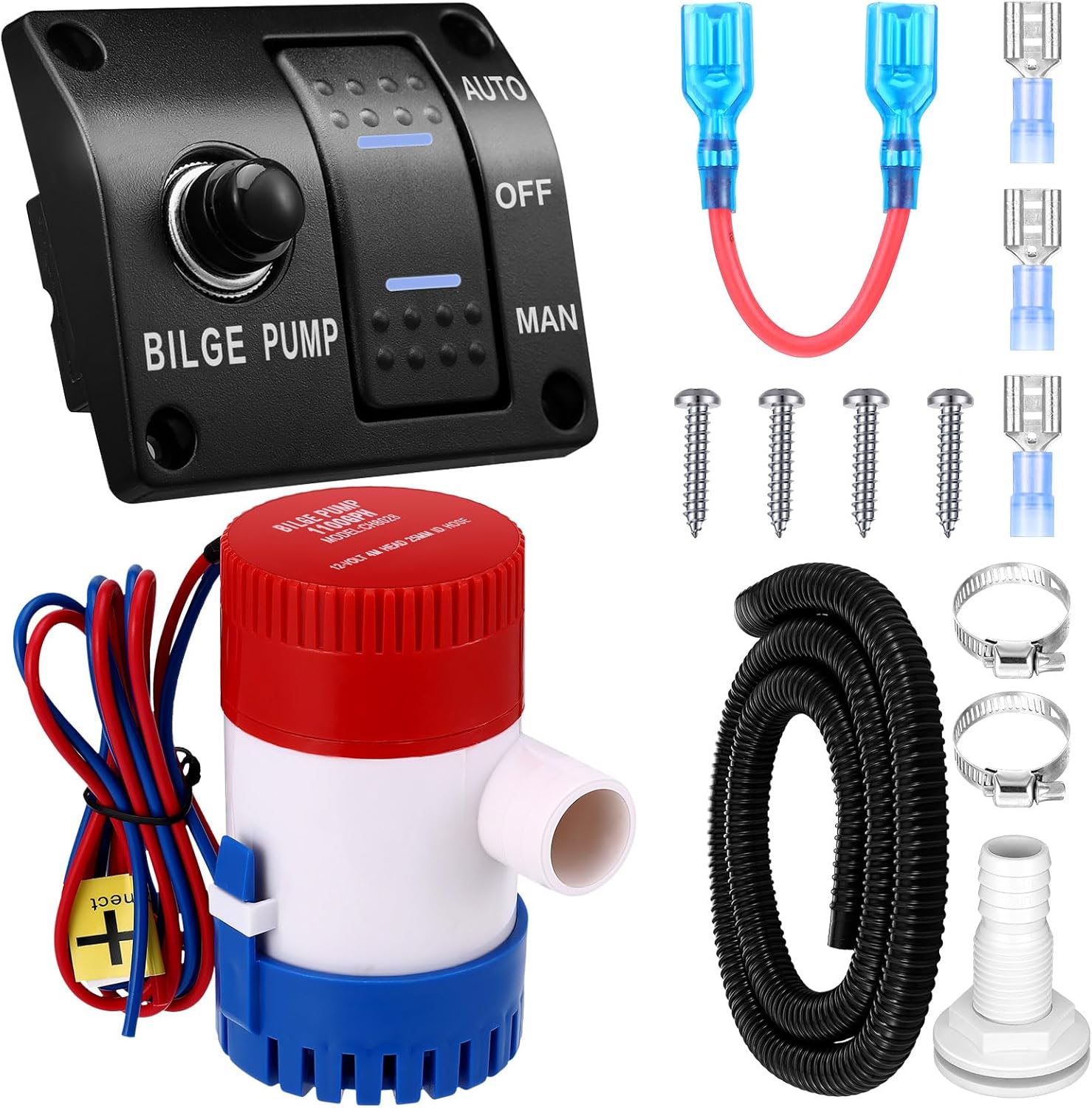 Boat Bilge Water Pump 12v 24v 3 Way Switch Panel 1-1/8 Inch Dia Bilge Pump Plumbing Kit with Hose Plumbing Installation Kit for Boat Accessories(1100gph, 15a)