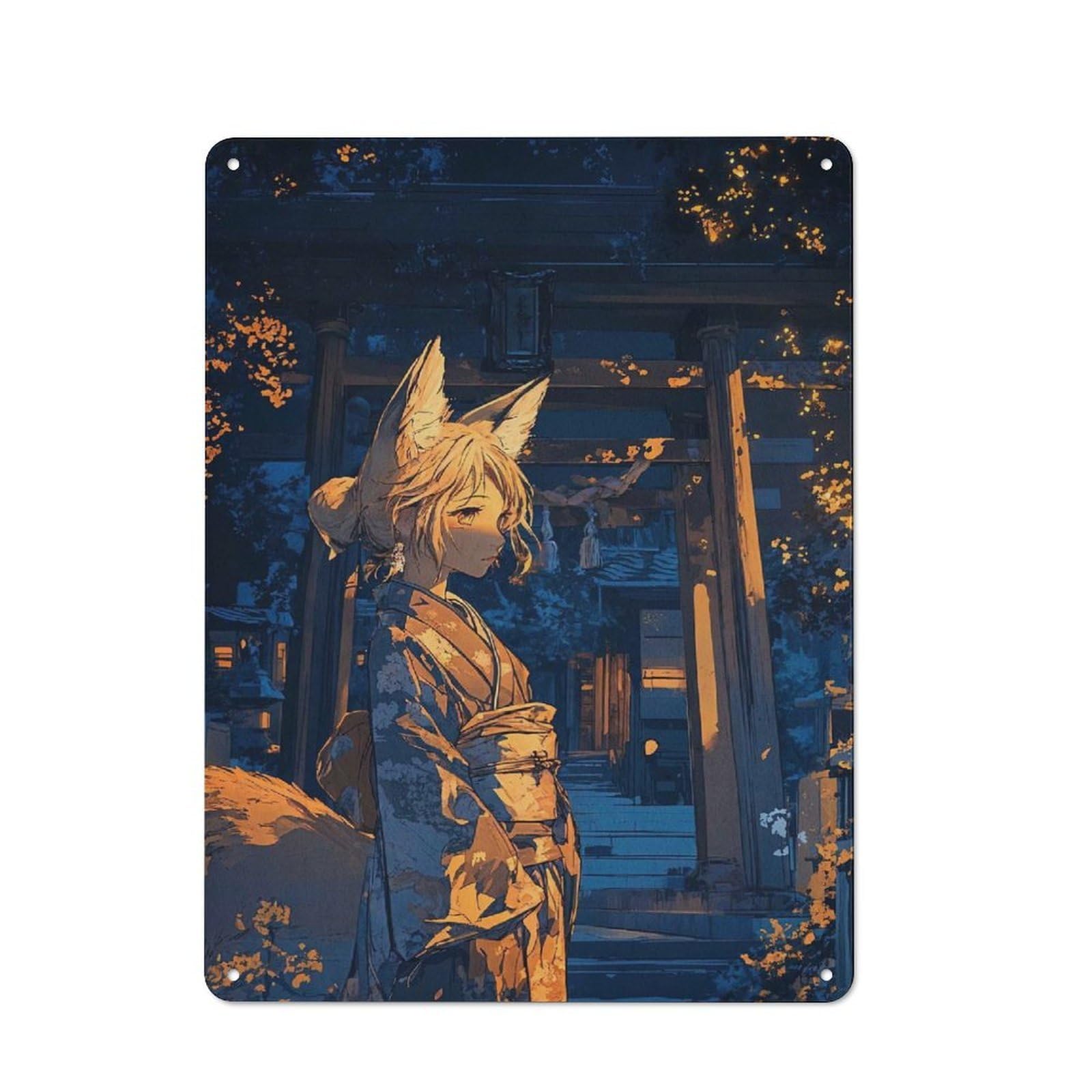 Classic Kitchen Metal Sign 40x30cm Featuring Fox Girl in Kimono, Cafe Wall Decor for Restaurant, Kitchen, Counter Or Breakfast Nook