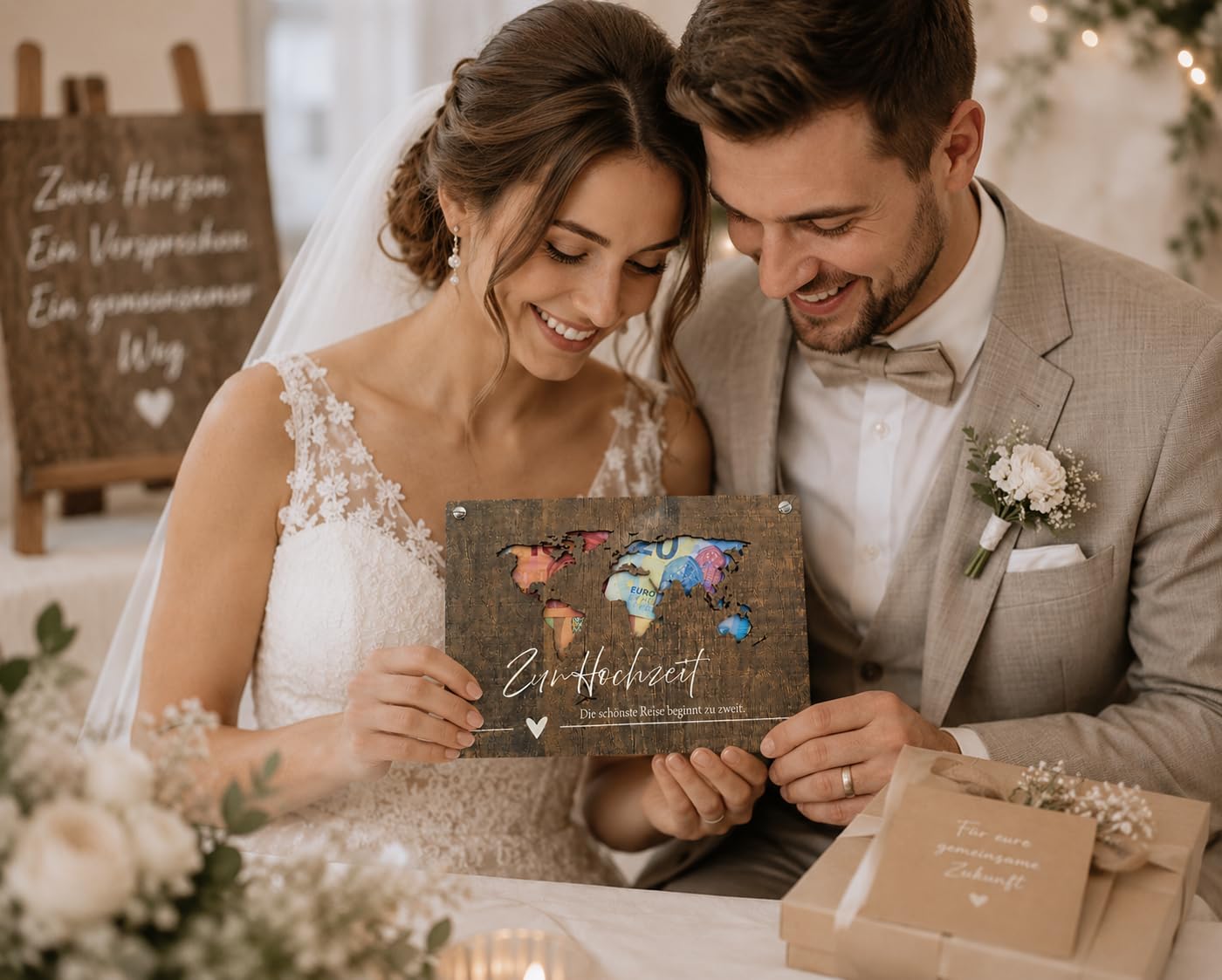 Geldgeschenk Hochzeit – Holzdekor Weltkarte 18x24 cm – rustikale Geldgeschenkbox zur Hochzeit mit Gravur „Die schönste Reise beginnt zu zweit“ – personalisierbar & verschraubbar