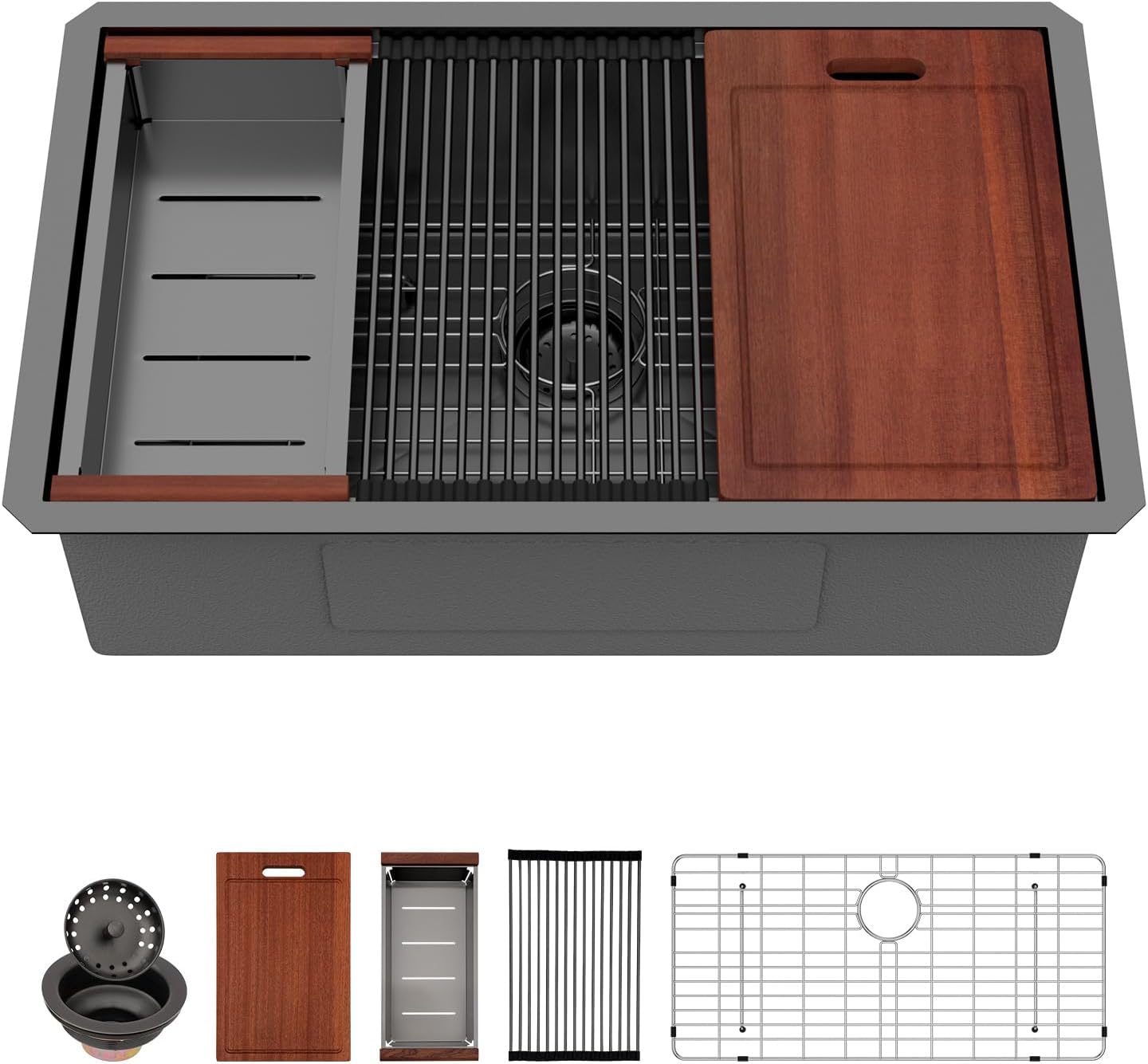 Sarlai 30 Inch Undermount Kitchen Sink Stainless Steel - 30 x 18 Inch Black Undermount Workstation Sink Commercial 16 Gauge Stainless Steel Gunmetal Black Sink Deep Single Bowl Kitchen Sink