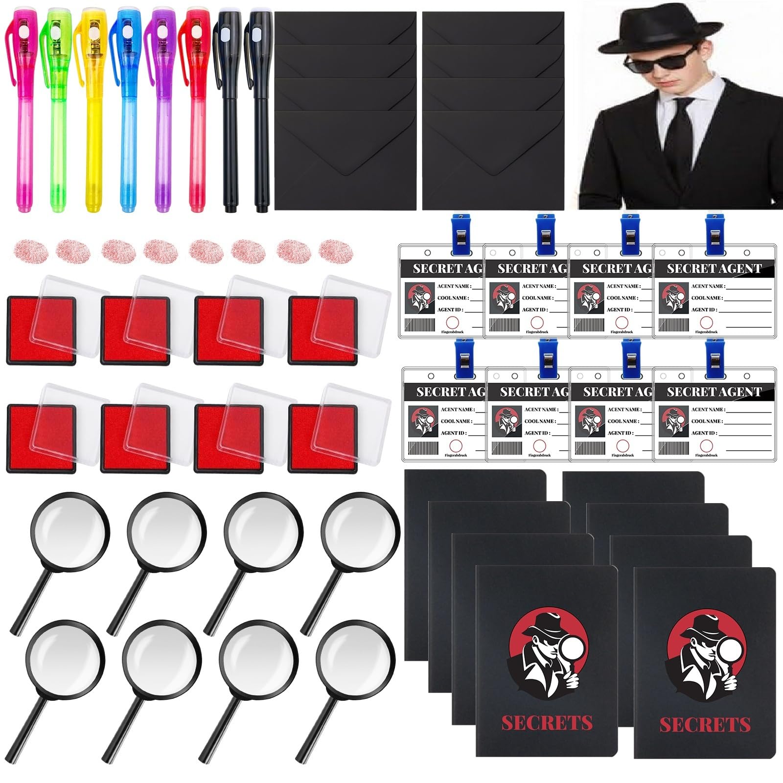 Set di 48 accessori per feste detective con pennarelli, lenti d'ingrandimento, carte d'identità, blocchi per appunti, tamponi per impronte digitali e buste per eventi a tema