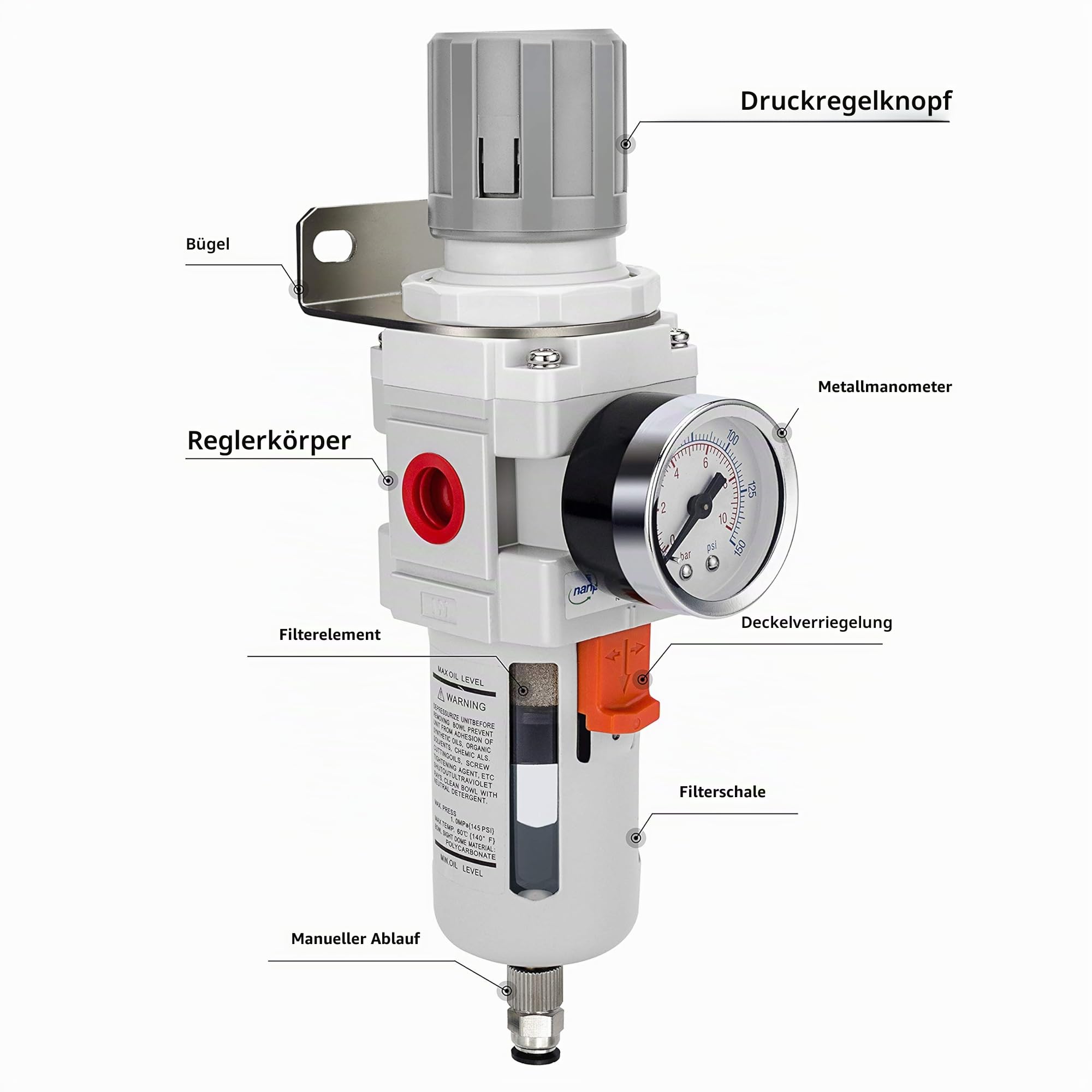 NANPU 1/2" BSP Druckluft Filterregler - 5 μm Messingfilterelement, Manometer (0-10 bar), Poly-Schale, Halbautomatisches Ablassen, Halterung