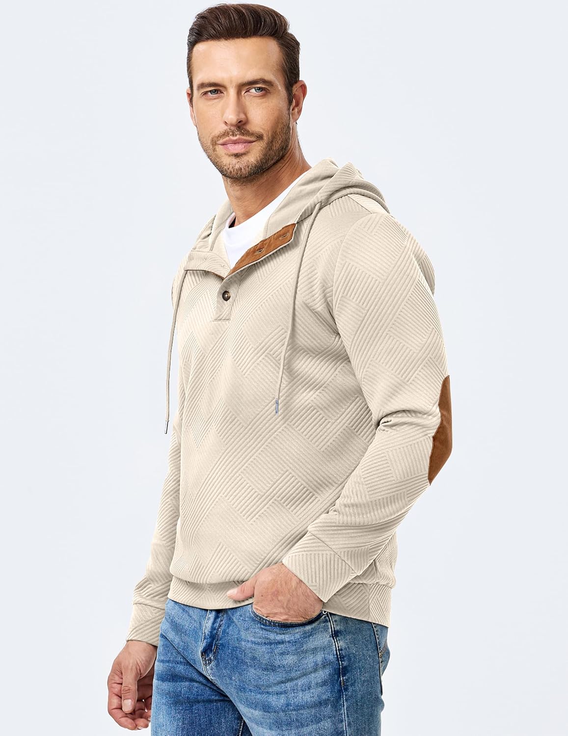 JMIERR Mens Hoodies Fall Casual Cotton Textured Long Sleeve Half Button Pullover Hooded Sweatshirts - Image 7