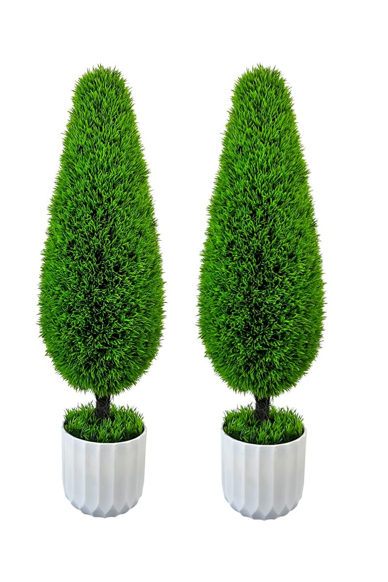 3FT Artificial Topiary Tree with Potted, Set of 2 Outdoor Faux Boxwood Plants UV Resistant Fake Bushes Shrubs for Garden, Yard Decor