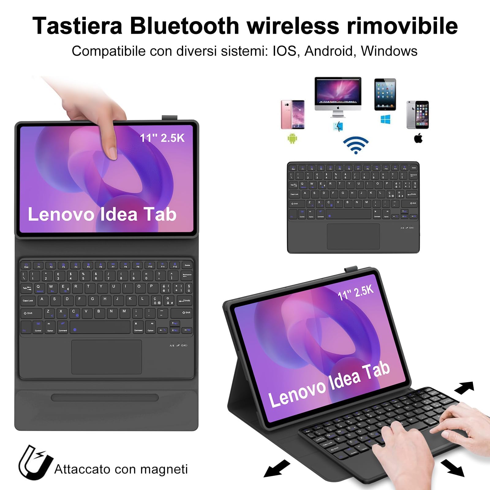 IVEOPPE Tastiera per Lenovo Idea Tab 11 Pollici 2025 con Touchpad, Cover Tastiera Italiano QWERTY, Senza Fili Bluetooth Staccabile Custodia Keyboard per Lenovo Idea Tab 11" TB-336ZU/336FU, Nero