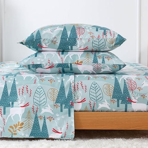 Miniatura 6 de KACEMOO Juego de sábanas de Navidad tamaño King, 4 piezas, juego de sábanas de ciervos y conejos blancos, juego de sábanas cálidas de invierno con
