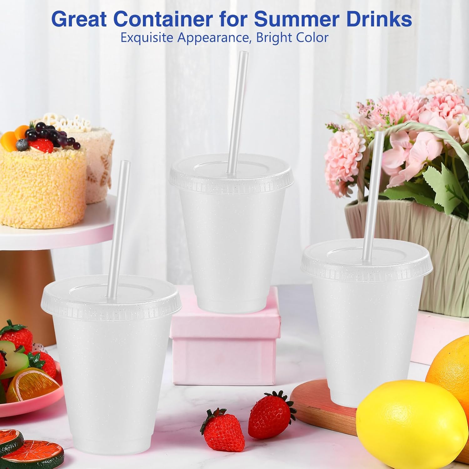 Rtteri 15 Pcs Reusable Cups with Straws and Lids 16 oz Glitter Tumblers Plastic Party Favor Cups with Lids Travel Mug Tumbler for St. Patrick's Day Easter Party Iced Beverage Water(Clear) - Image 4