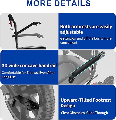 Miniatura 21 de Silla de ruedas ligera de aleación de aluminio con frenos de mano, silla de ruedas para adultos, tubo cuadrado duradero y reposabrazos abatible