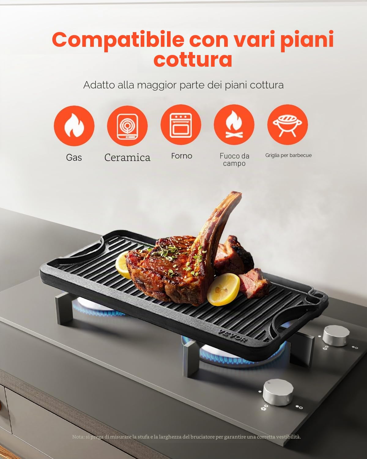 VEVOR Piastra per Cucina in Ghisa Reversibile 492 x 218 mm, Padella Rettangolare Portatile con Manico, Pentolame per Piano Cottura Peso ca. 6 kg Piastra per Cottura Barbecue Materiale in Ghisa