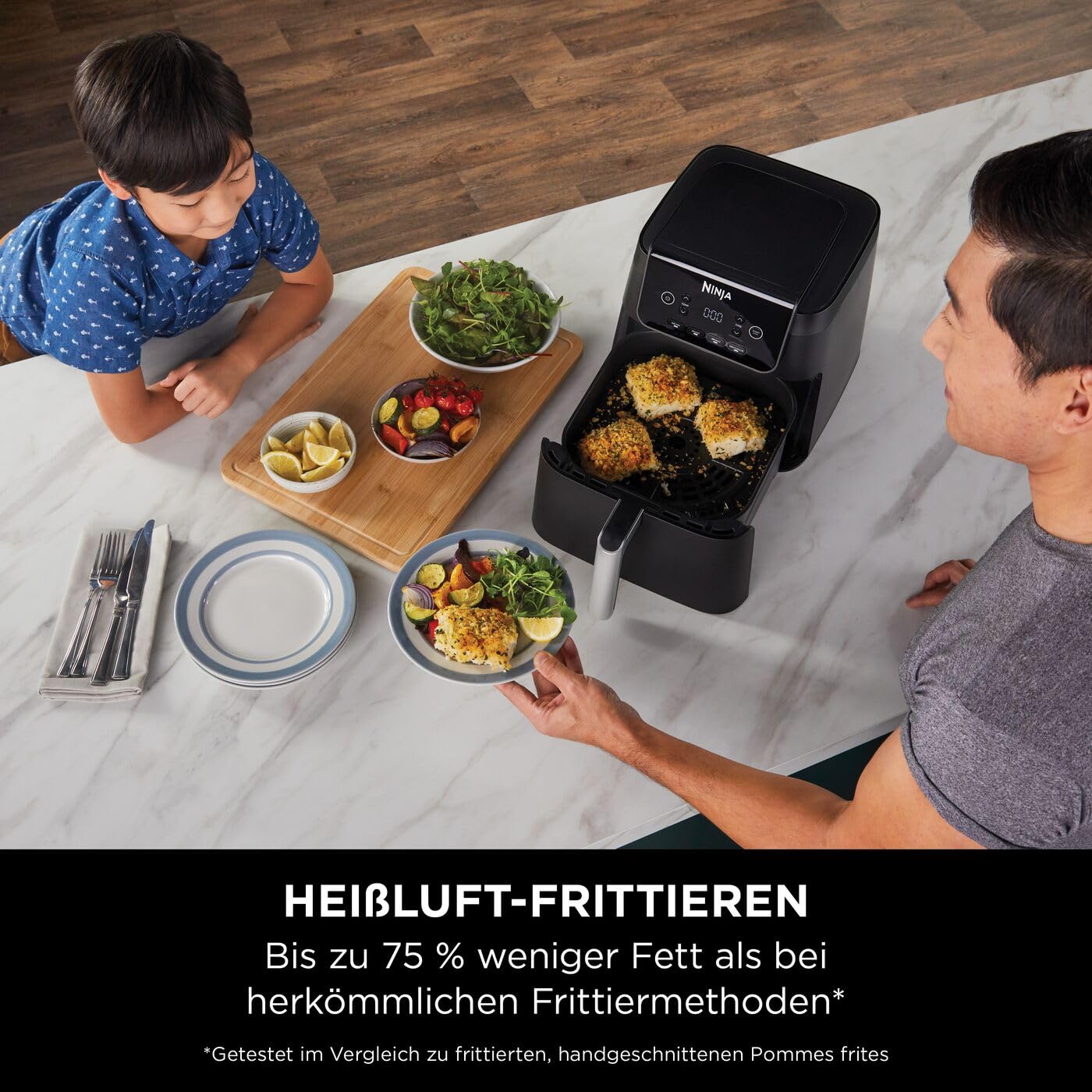 Ninja Heißluftfritteuse, 6,2 l, ohne Öl, große quadratische Schublade, Braten, Heißluftfrittieren, Dörren, Aufwärmen, digital, Antihaftbeschichtet, Spülmaschinengeeigneter Korb, Schwarz, AF170EU