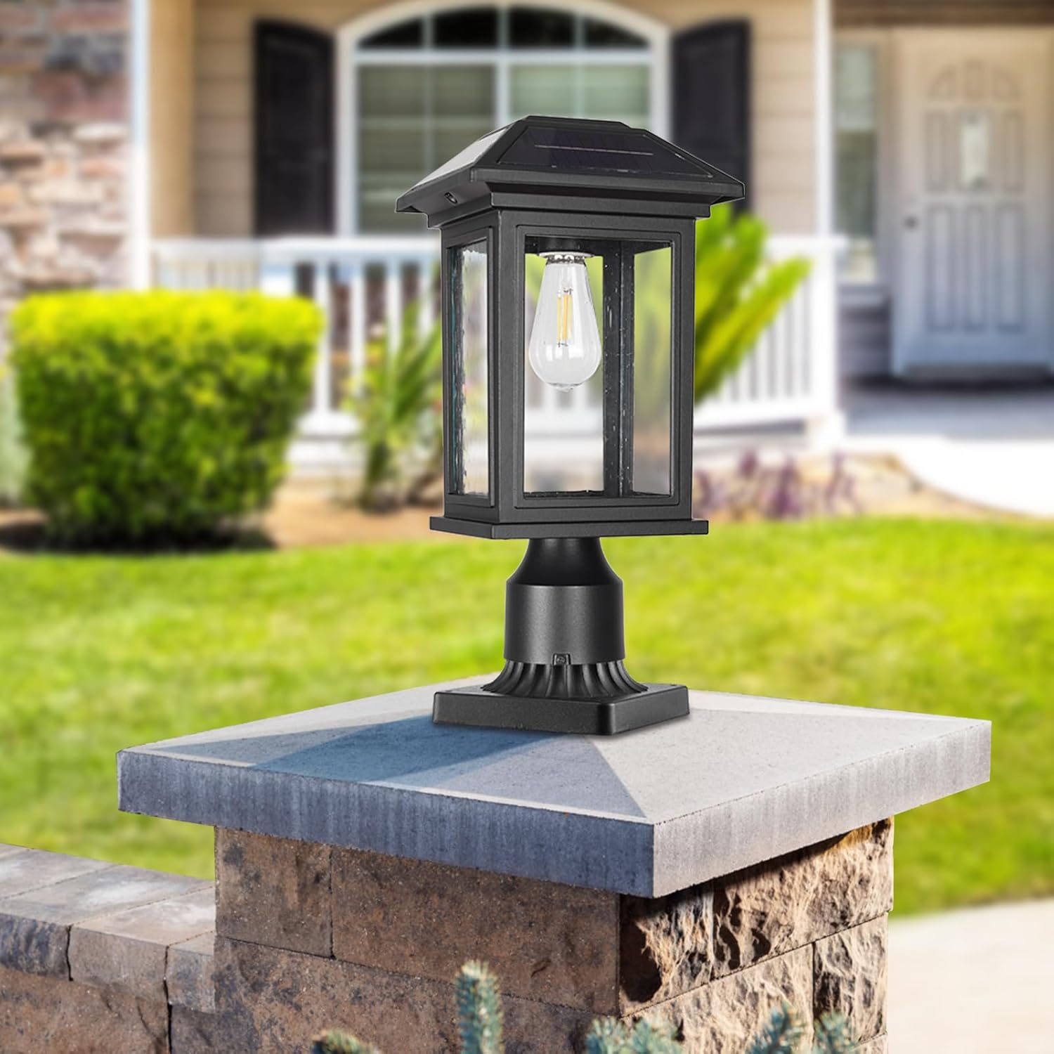 Solar Post Lights Outdoor, Waterproof Anti-Rust Black Pole Light Fixtures with Clear Glass, LED Solar Powered Lamp for Garden, Front Yard, Porch, Garage, and Patio (Bulb Included)