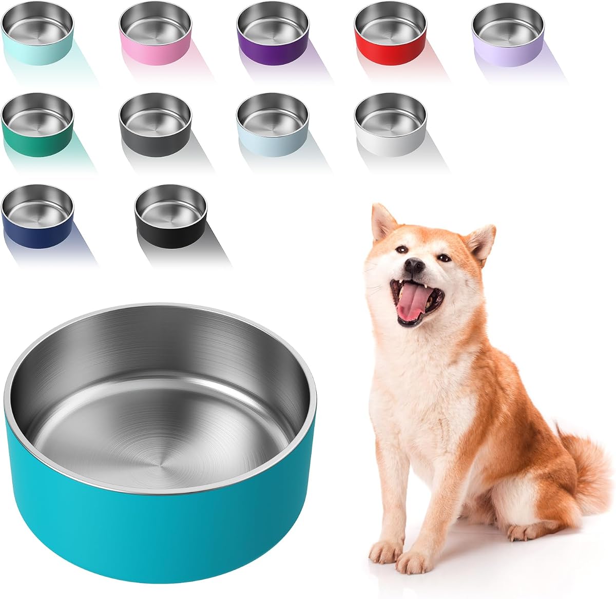 WENBOKMIN Cuenco para perros, cuenco de agua y comida de acero inoxidable, 40 oz, azul lago | Fondo silencioso antideslizante, fácil de limpiar, apto para lavavajillas.