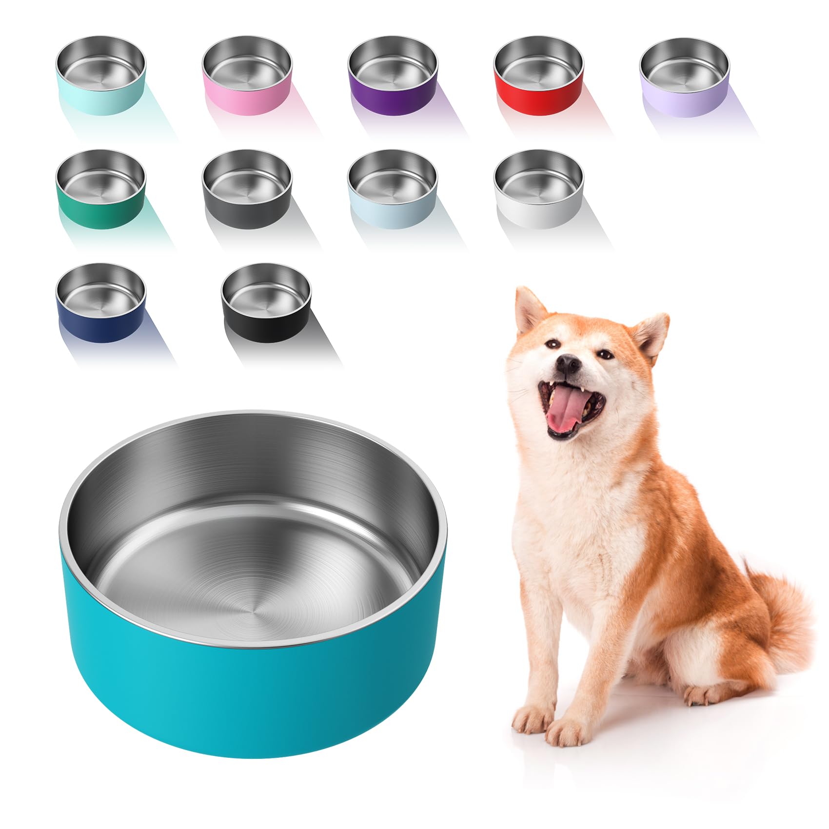 WENBOKMIN Dog Bowl, Stainless Steel Dog Food and Water Bowl with Non Slip Quiet Bottom, Easy to Clean, Dishwasher Safe, 64oz, Lake Blue