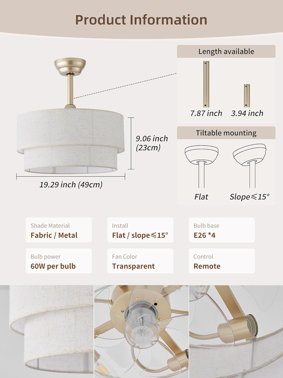20" Boho Fandelier Ceiling Fans with Lights, Fabric Chandelier Ceiling Fan with Light Remote Control, Caged with 6 Speeds for Living Room, Bedroom, Nursery.