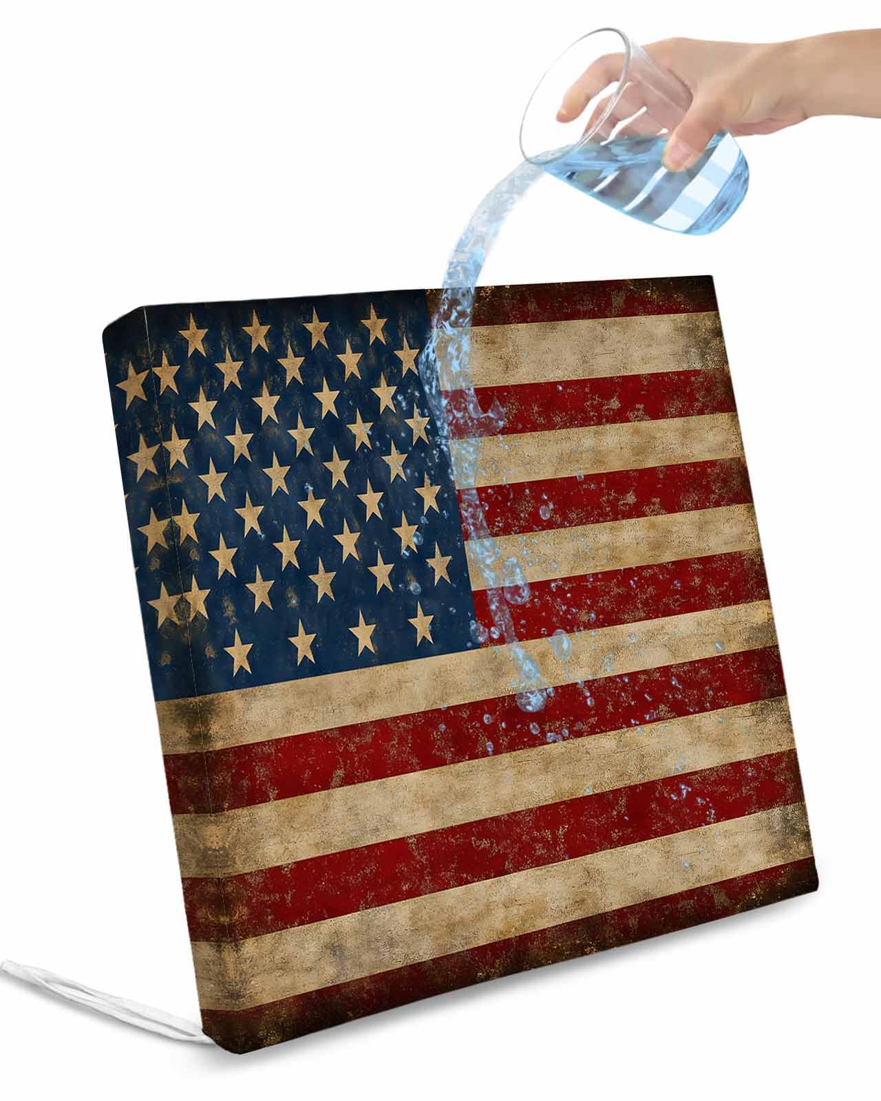 2 Pack Vintage American Flag Waterproof Cushion Covers with Ties, Outdoor Patio Chaise Lounge Chair Seat Cushion Slip Covers Replacement(Only Cover) Retro USA Flag Blue Red 22