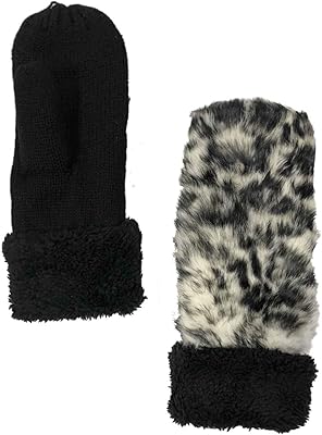 Womens Black & White Leopard Print Faux Fur & Knit Mittens Sherpa Lined