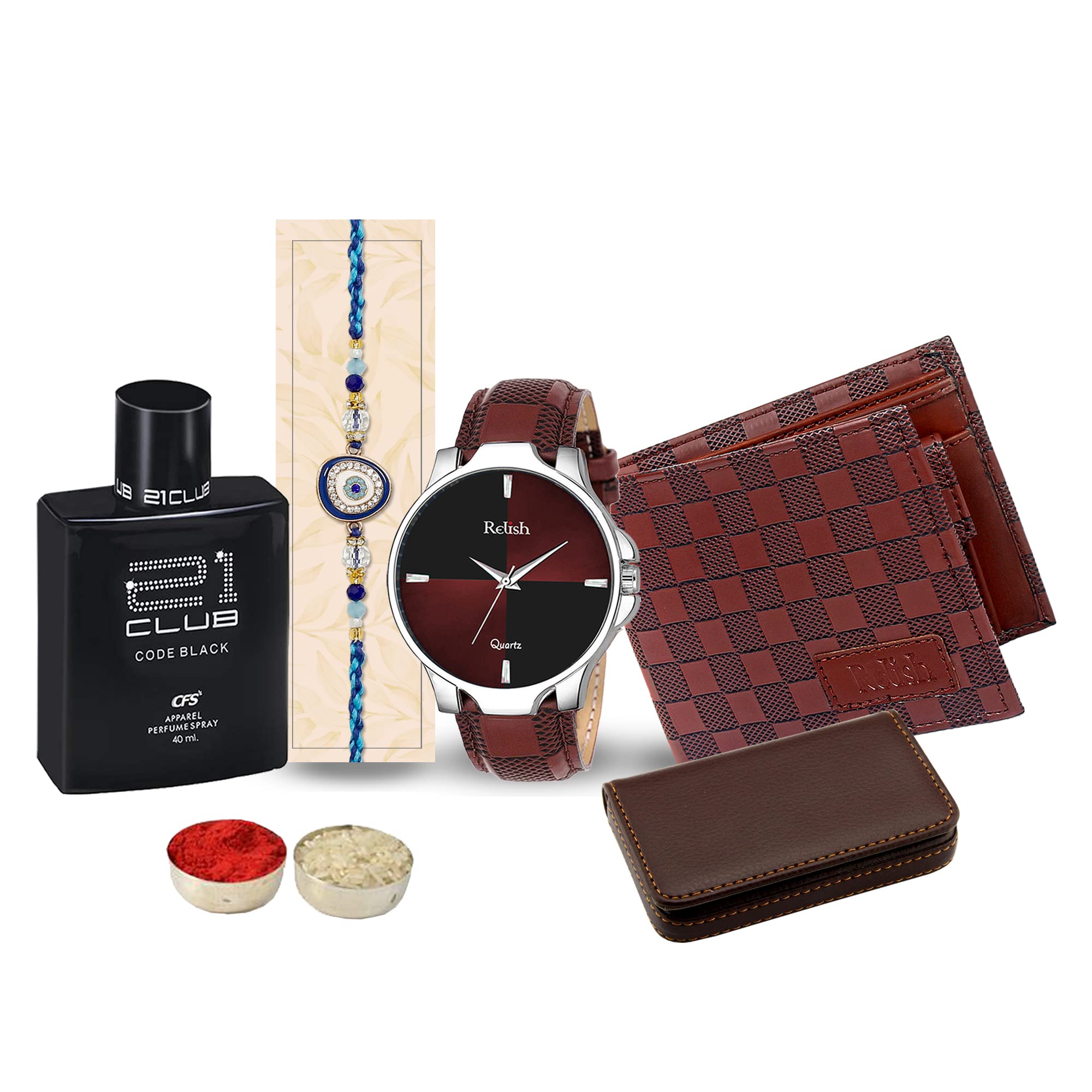 Relish Analogue Mens Watch & Brown Texture Wallet,Card Holder, Perfume and Fancy Rakhi | Gift Combo Set for Bhai (B0C5MXCCMZ) Amazon Price History, Amazon Price Tracker