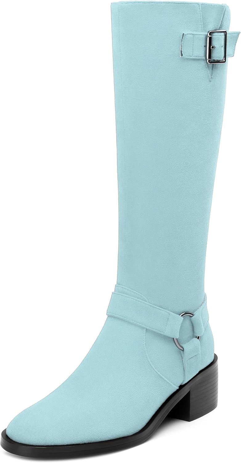 Women's Knee High Boots Buckle Fashion Side Zipper Knee High Bootie Round Toe Chunky Heel Solid Suede Knee High Boot