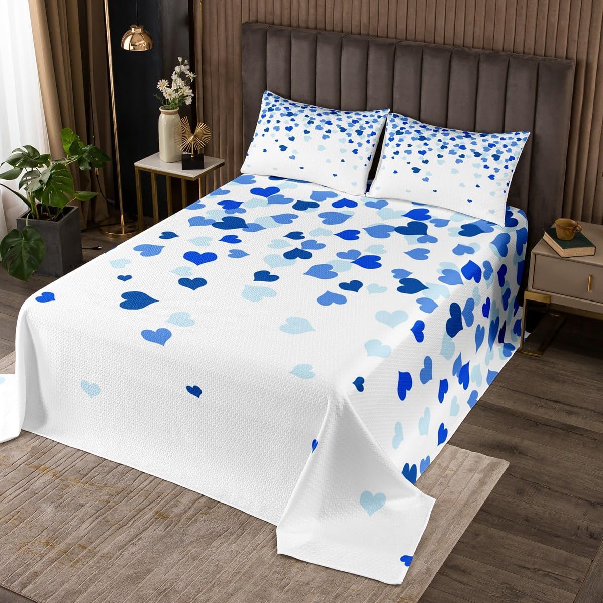 jejeloiu Blue Heart Love Pattern Bedspread Queen Size Heart Shape Coverlet Set for Kids Romantic Love Dreamy Girly Quilted Coverlet Women Men Teens Decor All Season