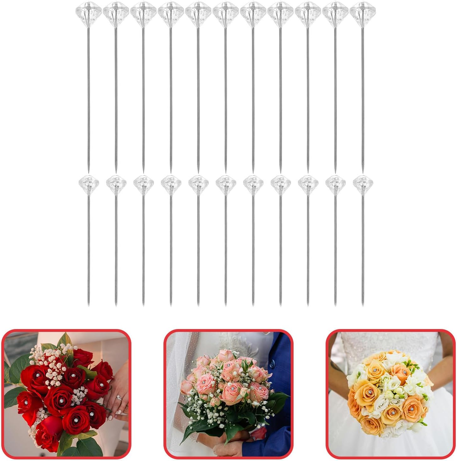 Balacoo 300pcs Floral Bouquet Pins with Crystal Gem Heads, Acrylic and Stainless Steel Straight Pins for Secure Pinning and Elegant DIY Projects, for Weddings and Corsage Decorations