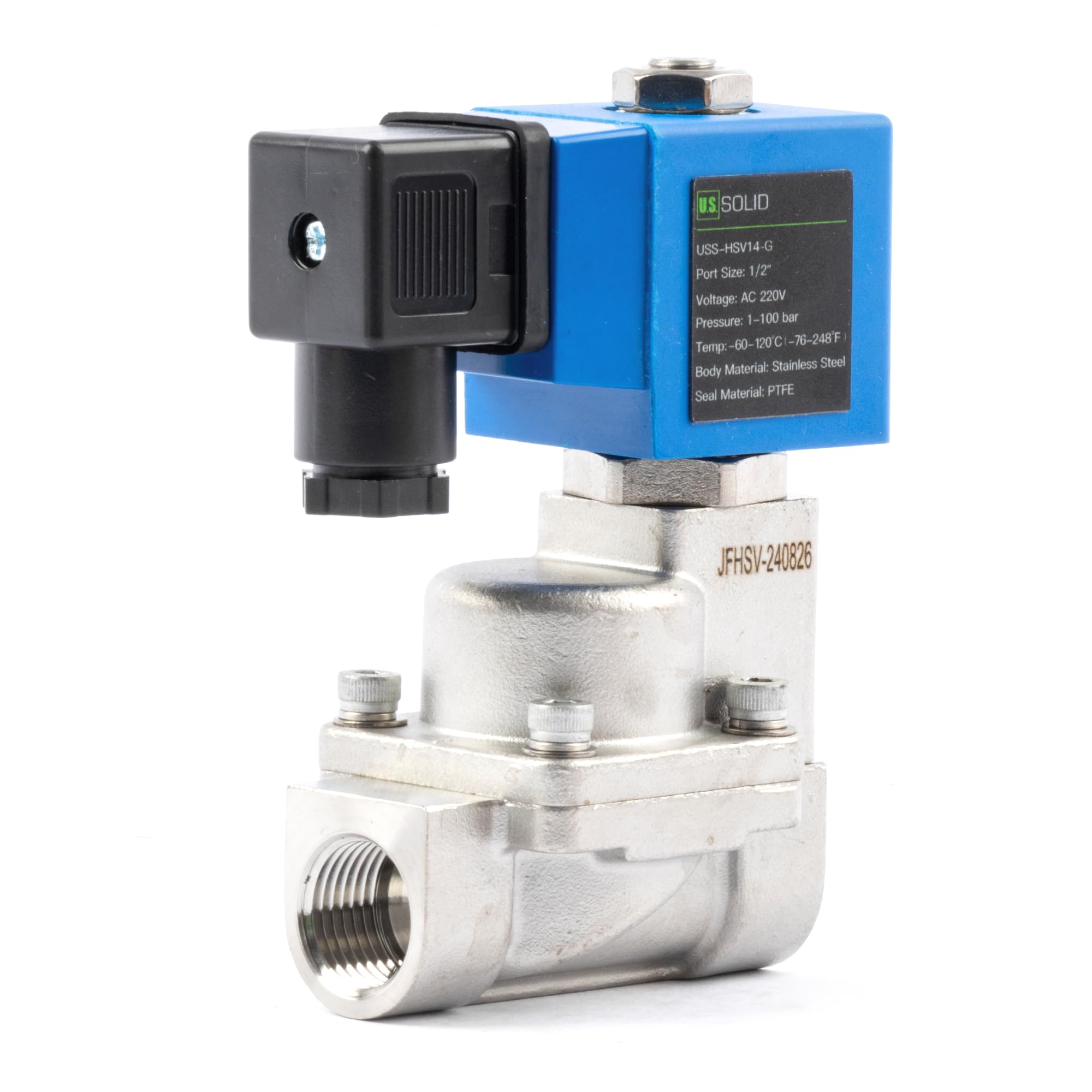 U.S. Solid Electroválvula de alta presión - 1/2", 100 bar, acero inoxidable, 220 V AC, resistente a altas temperaturas de -60 a 120 ℃