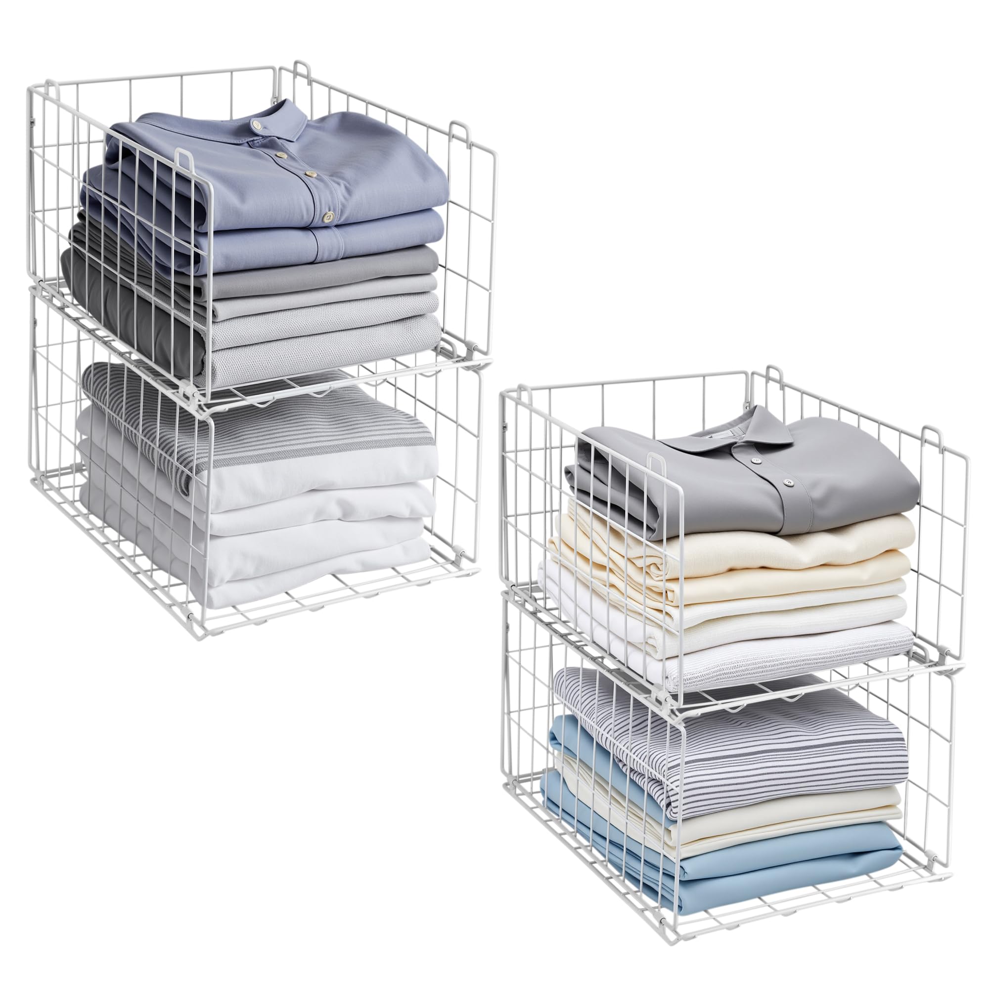 QIWODE Stackable Wardrobe Storage Organiser, Set of 4 Metal Wire Clothes Storage Baskets, Closet Organiser & Shelf Baskets for Bedroom, Pantry, Each 40 x 28.5 x 22.5 cm