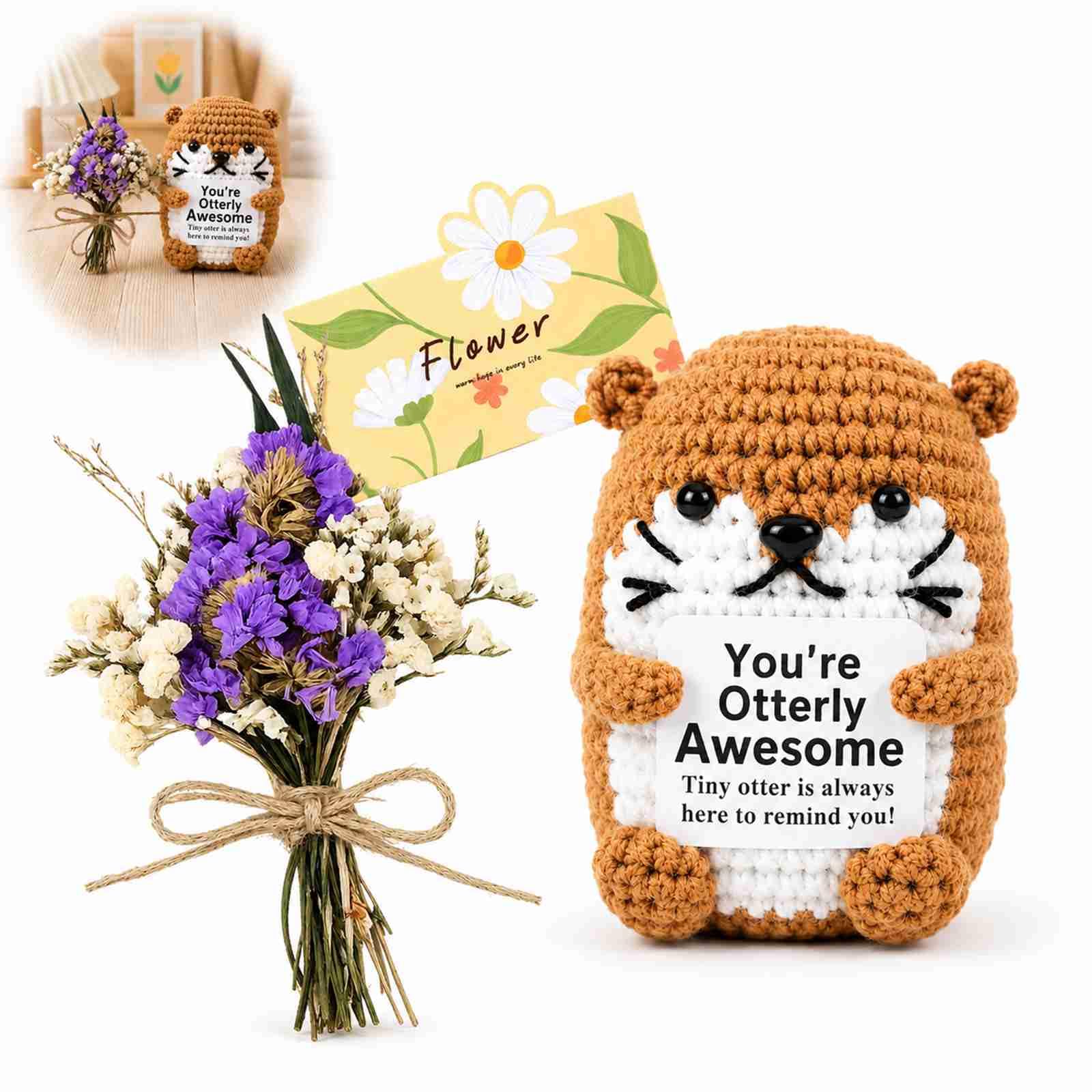 Hand-Crocheted Mini Sea Otter Plush Toy with 'You're Otterly Awesome' Card - Cute Knitted Animal Gift for Birthday, Teacher, Women, Friends & Colleagues, Emotional Support