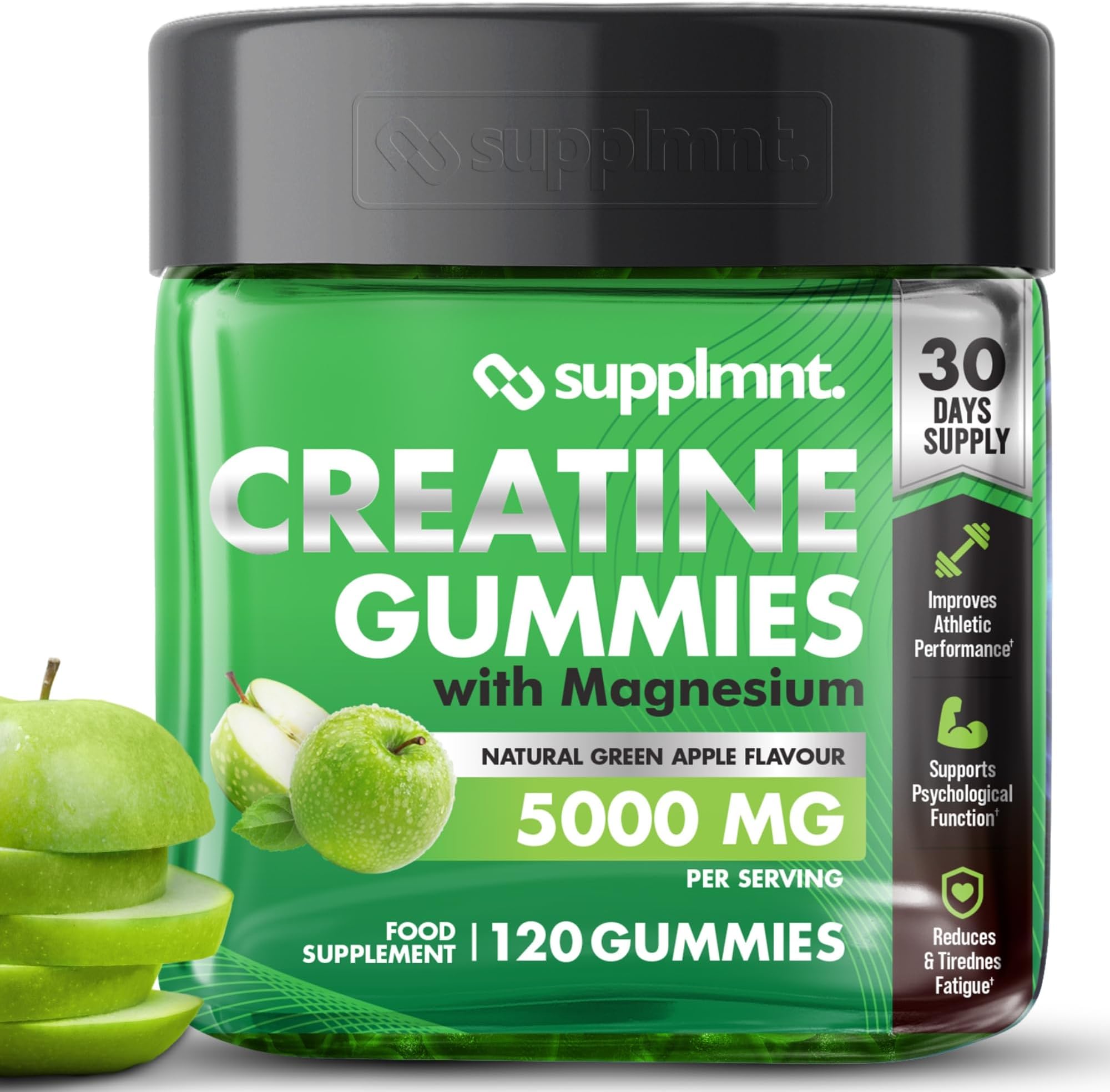 Supplmnt. Creatine Gummies 5000mg 120ct Max Strength for Men and Women Creatine Monohydrate with Added Magnesium - Vegan Pre Workout Chewable Gummies, Apple Flavour (30-Day Supply)