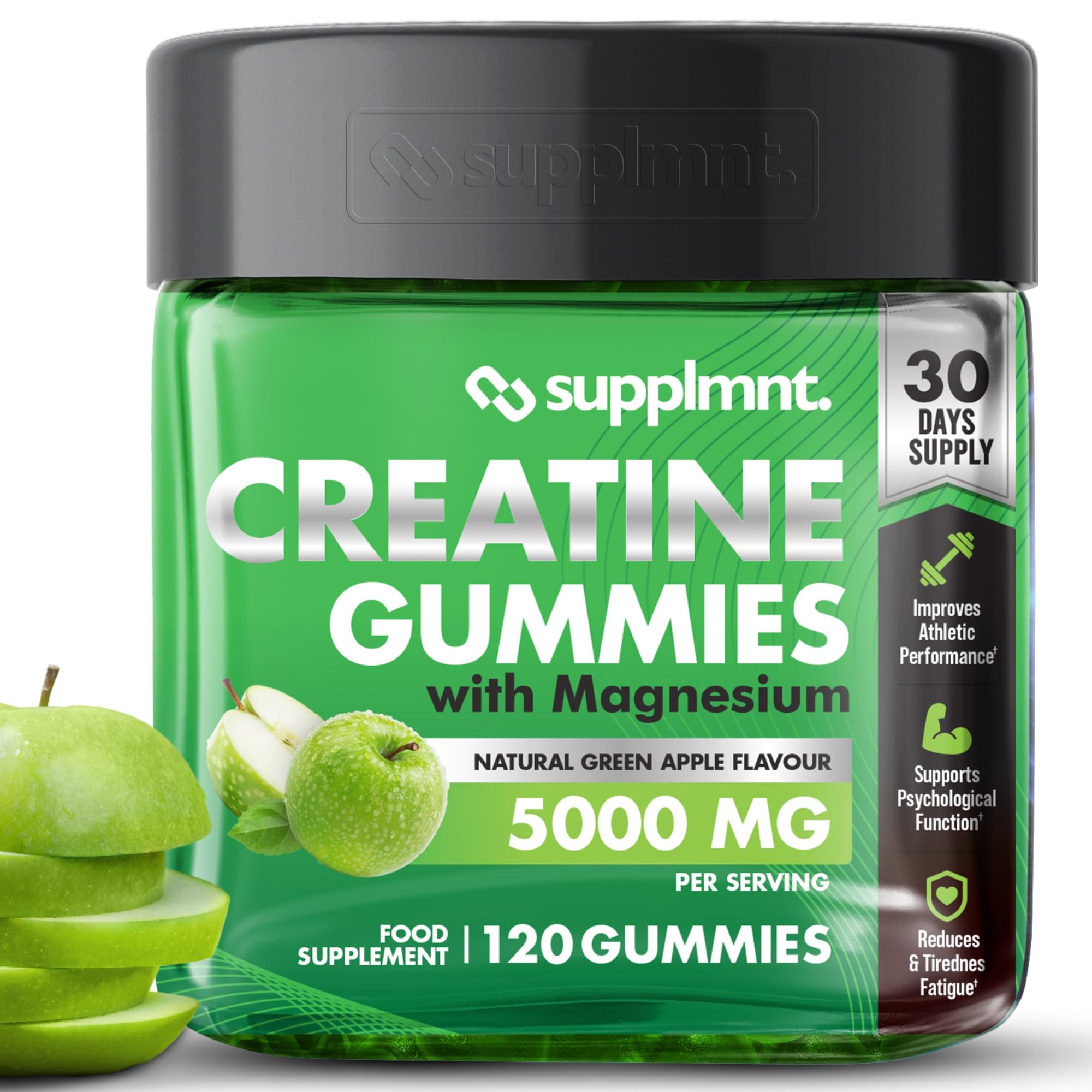 Creatine 120 Gummies Max 5000mg for Men and Women Creatine Monohydrate with Added Magnesium - Chewable Gummies, Apple Flavour (1 Month Supply) (120 Count, Apple)