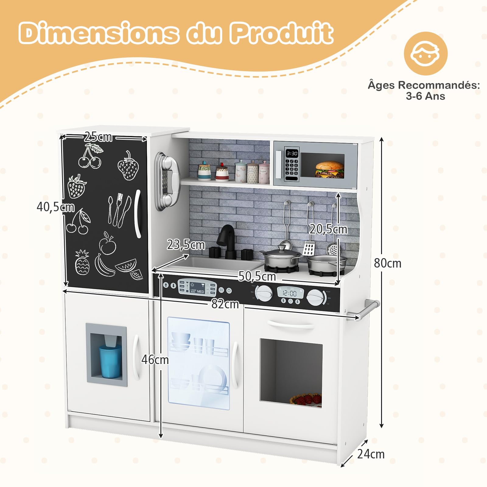 COSTWAY Cuisine Enfants en Bois avec Tableau Noir & Téléphone, Jeu de Cuisine Enfants avec Micro-Ondes & Machine de Glaçons, Jeu d’Imitation pour Enfants de 3-6 Ans, 82 x 24 x 80 cm (Beige)