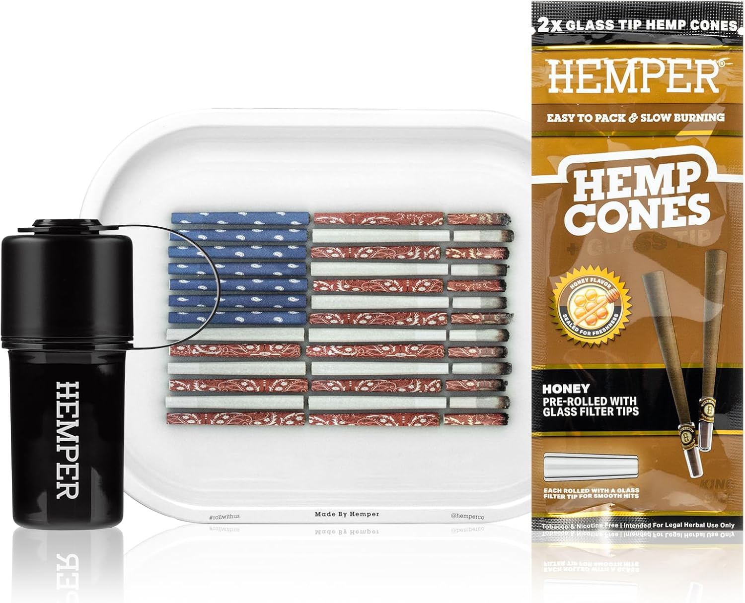 Hemper Keeper Black with Make America Lit Again Rolling Tray (Small) & 2PK King Size Pre-Rolled Cones 12ct (Honey) Bundle – 3‑in‑1 Herb Grinder, Compact Rolling Tray & Glass-Tipped Cones