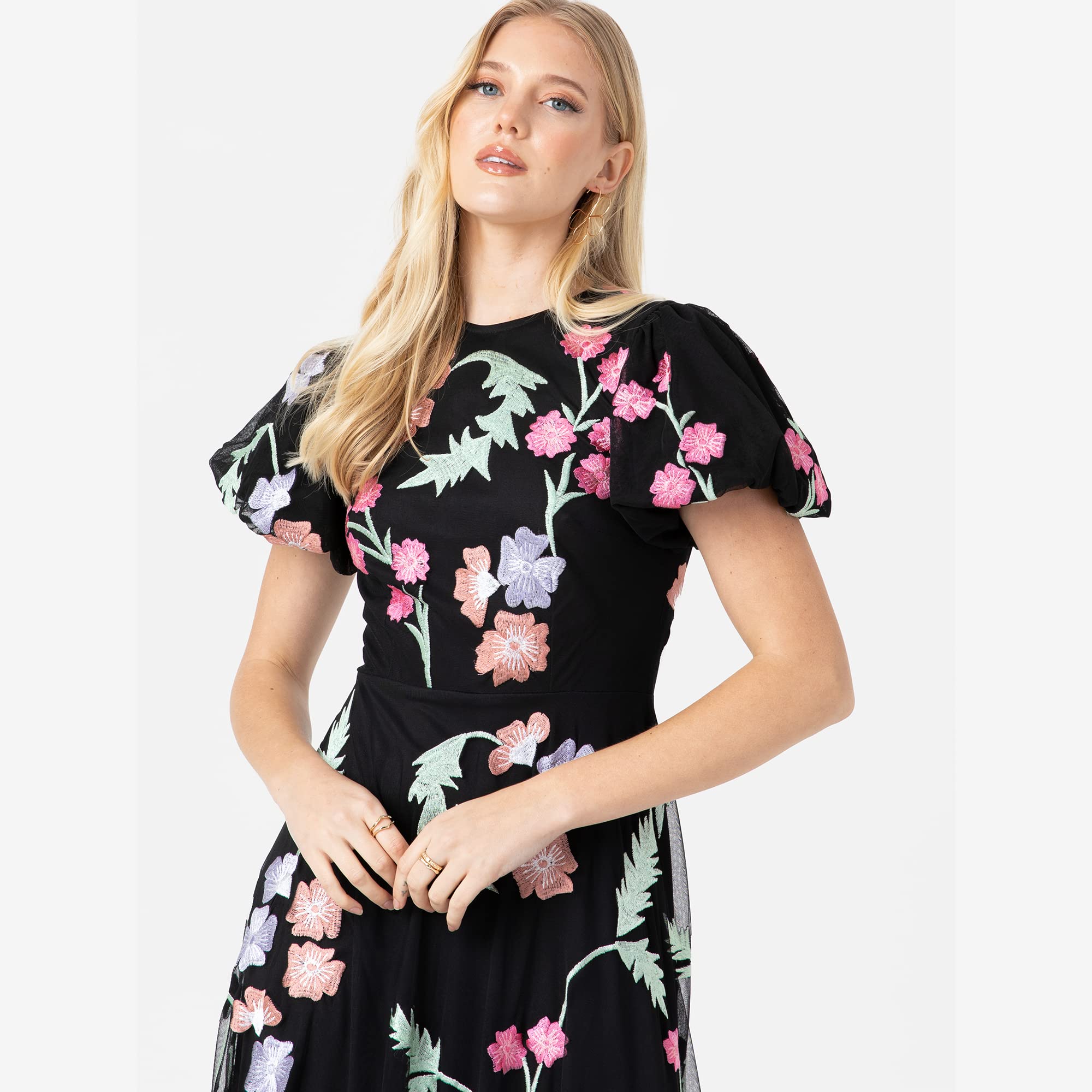Maya Deluxe Womens Maxi Dress Ladies Floral Embroidered Open Back Puff Sleeves Dress For Wedding Guest Bridesmaid Prom Occasion Vestido Mujer