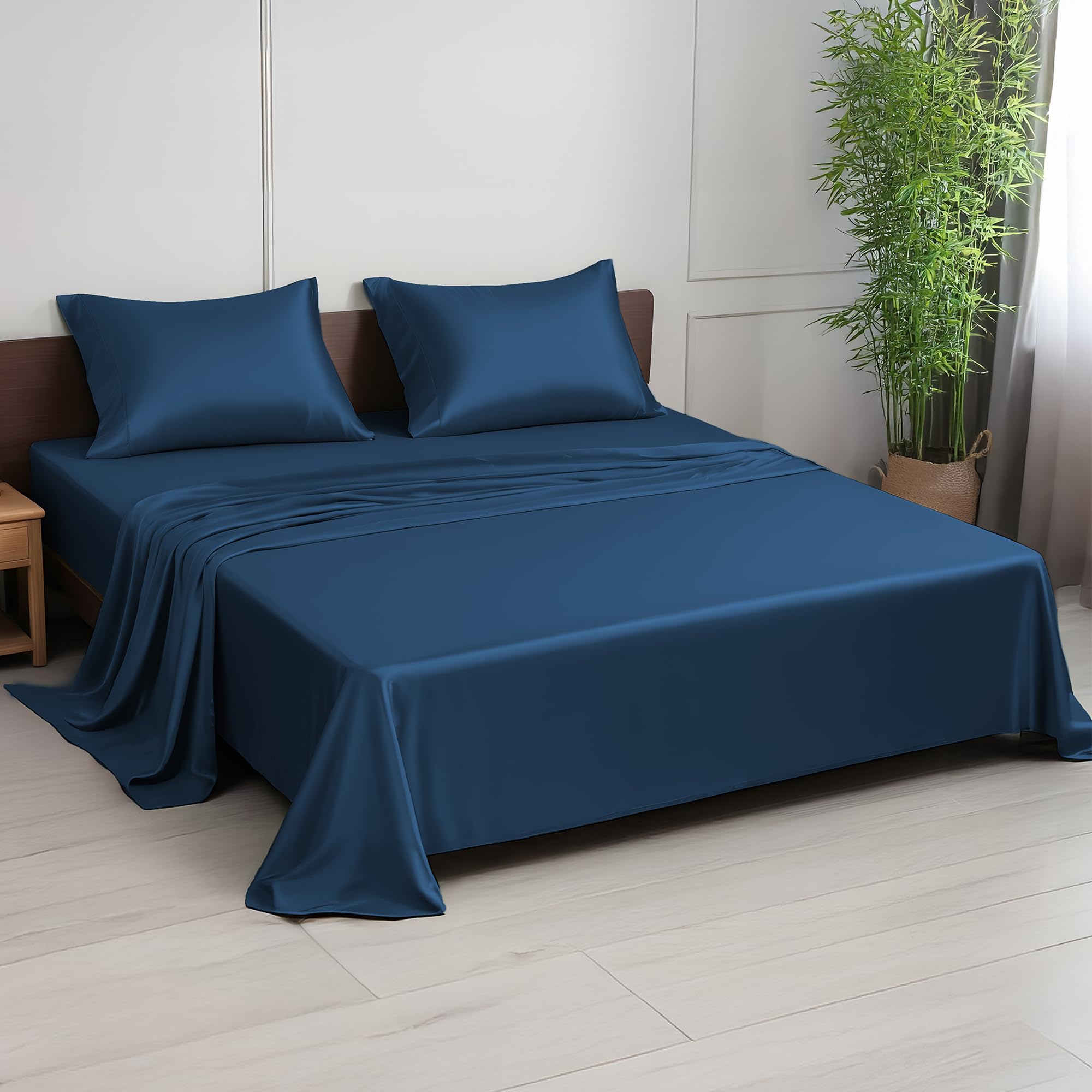 LINENWALAS Set di lenzuola per letto singolo, in 100% bambù a 300 fili, in rasatello rinfrescante, con 1 lenzuolo con angoli, 1 lenzuolo piano e 1 federa (singolo/blu navy)