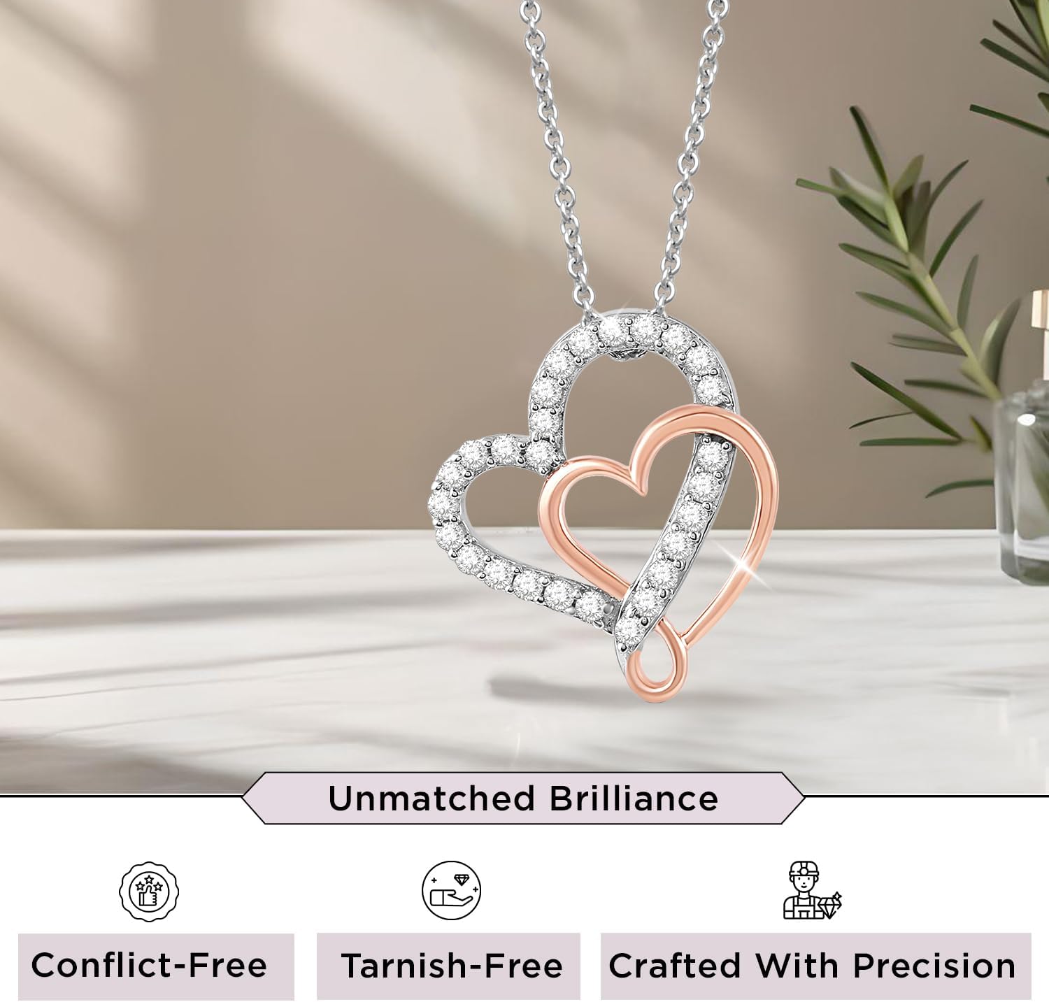 Jewelili Rose Gold Plated Sterling Silver 1/4 Cttw Round Lab Grown Diamond Double Heart Pendant Necklace 18 Inches Cable Chain