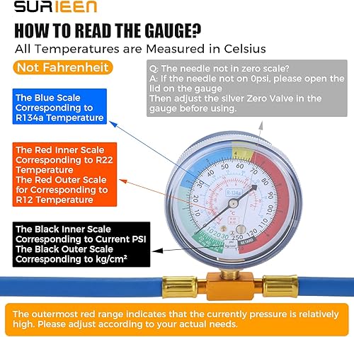 Miniatura 2 de Kit de manguera de recarga R134A R12 R22 con calibre, kit de manguera de carga de refrigerante de CA de 51 pulgadas con válvula de grifo