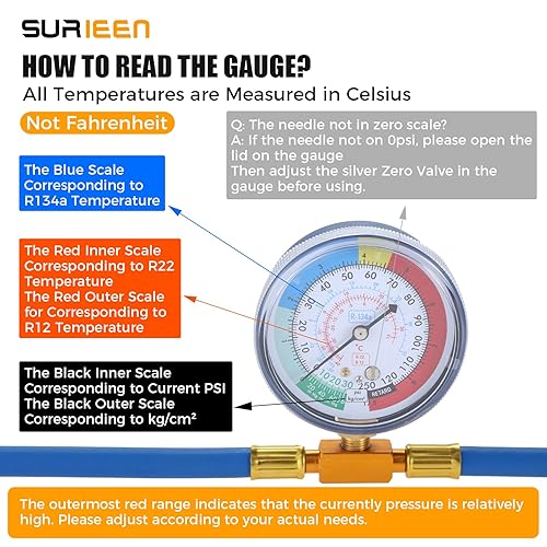Miniatura 2 de R134A manguera de carga AC puede golpear con manómetro, kit de manguera de recarga de refrigerantefreón 14 "puerto SAE para el hogar y el aire
