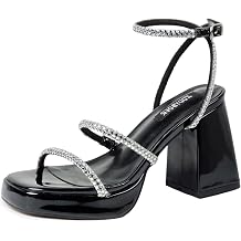 Womens Chunky Platform Heels, Rhinestone Block Heels Sandals Square Open Toe Chunky Heeled Summer Sandals with Ankle Strap for Club Party Prom