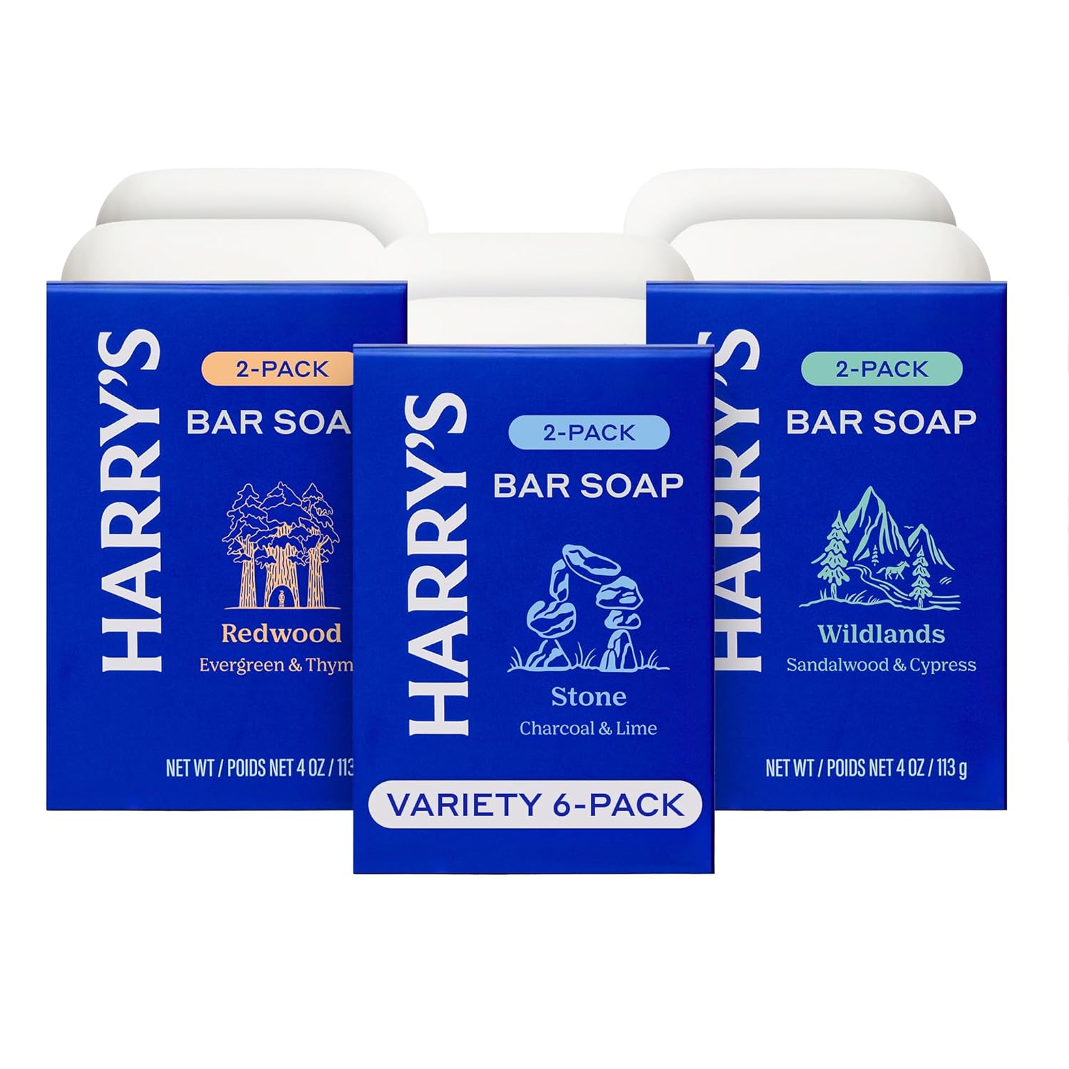 Harry's Bar Soap for Men Variety Pack, 6 Soap Bars (Stone, Wildlands, Redwood Scents)