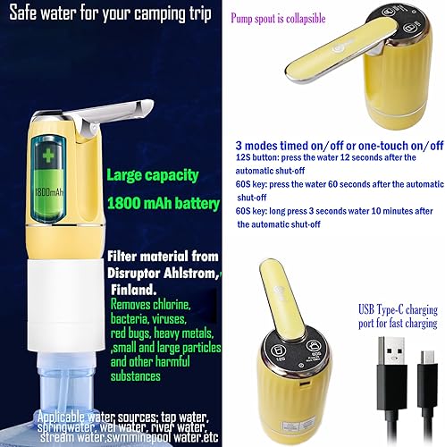 Miniatura 4 de CoolWAY Filtro de bomba eléctrica plegable para botella de galón, dispensador de agua portátil para camping, al aire libre, hogar y oficina,