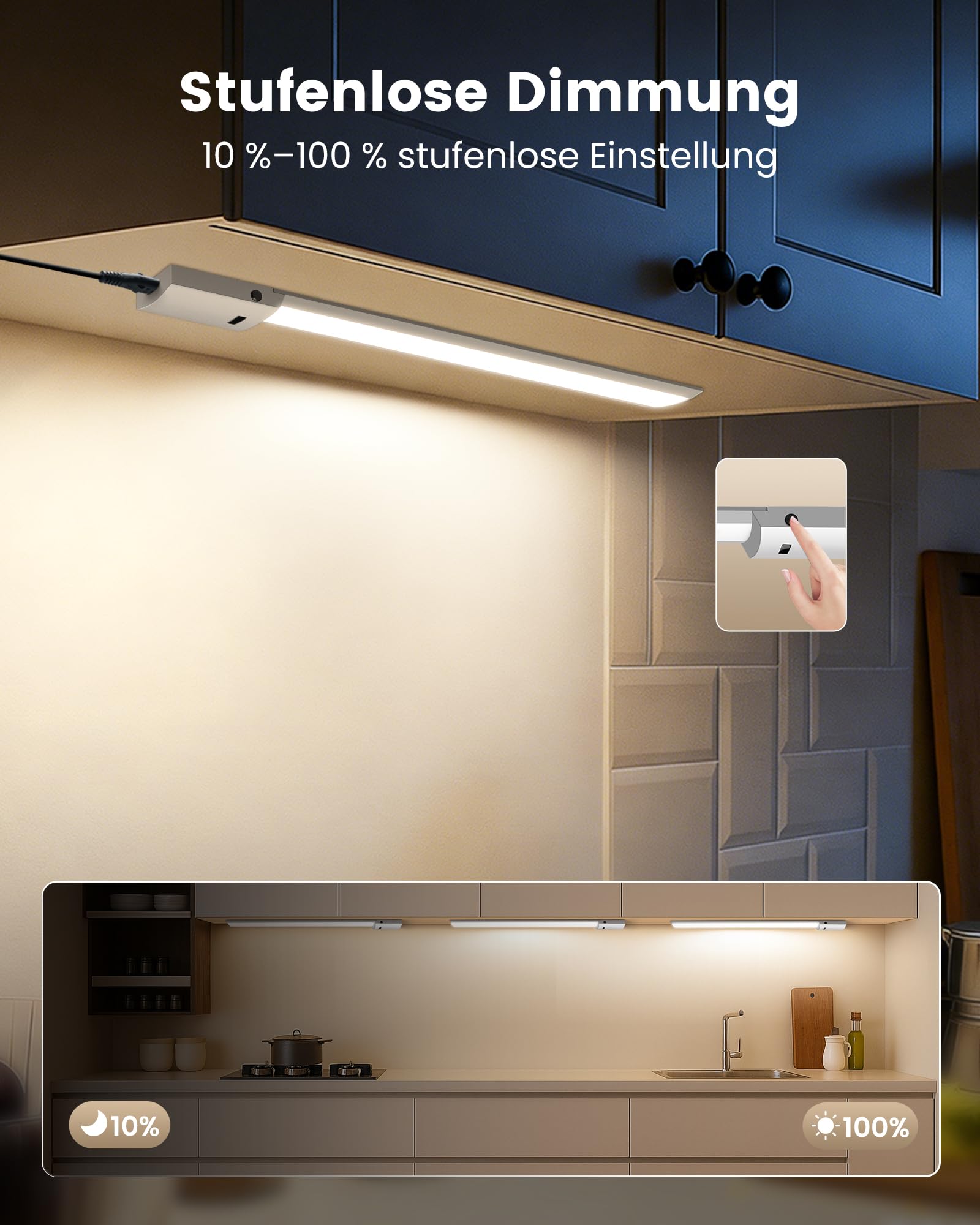 ALUSSO 60cm Unterbauleuchte küche LED Dimmbar, 3 Farbtemperatur Lichtleiste mit Berührungsloser Sensor, Ultra Dünn Unterschrank Beleuchtung für Schrank, Regale, Werkbank, 780Lumen, 1 Stück