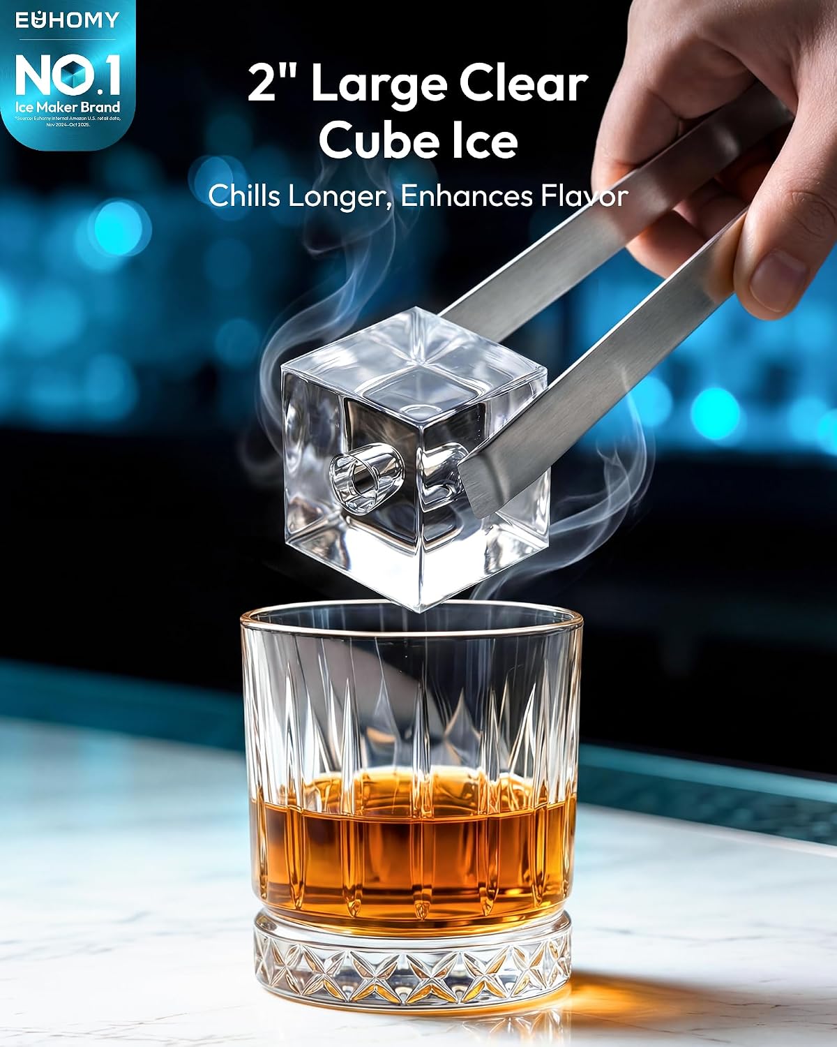 EUHOMY 2'' Clear Ice Cube Maker Countertop with APP, 2 Square Ice Ready in 27 Mins for Whiskey, Slow-Melting & Self-Cleaning, 110 Pcs/Day, 24H Timer, Clear Ice Maker with Ice Tong for Home/Bar/Party
