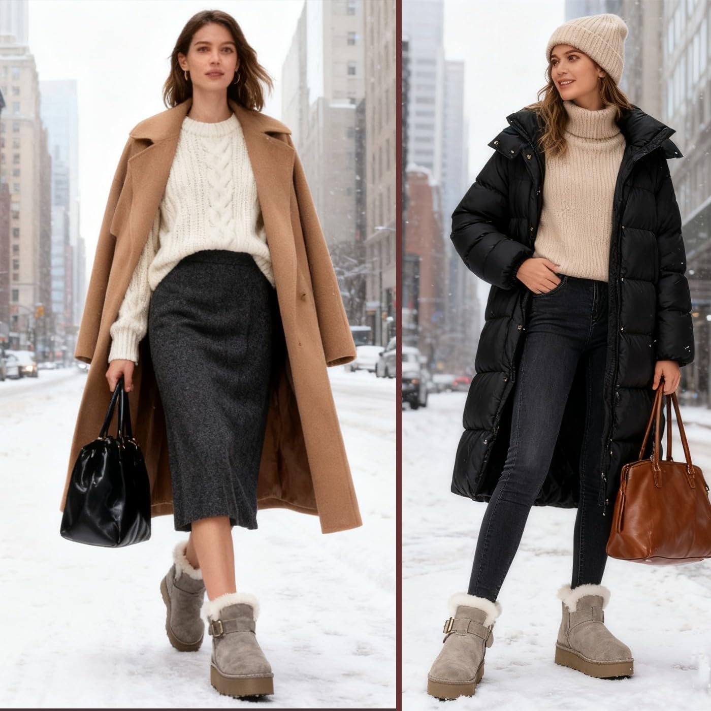 Hsyooes Womens Snow Boots Genuine Suede Leather Mini Boots Anti-Slip Outdoor Winter Ankle Booties Water Resistant Warm Faux Fur Lining,Khaki,40