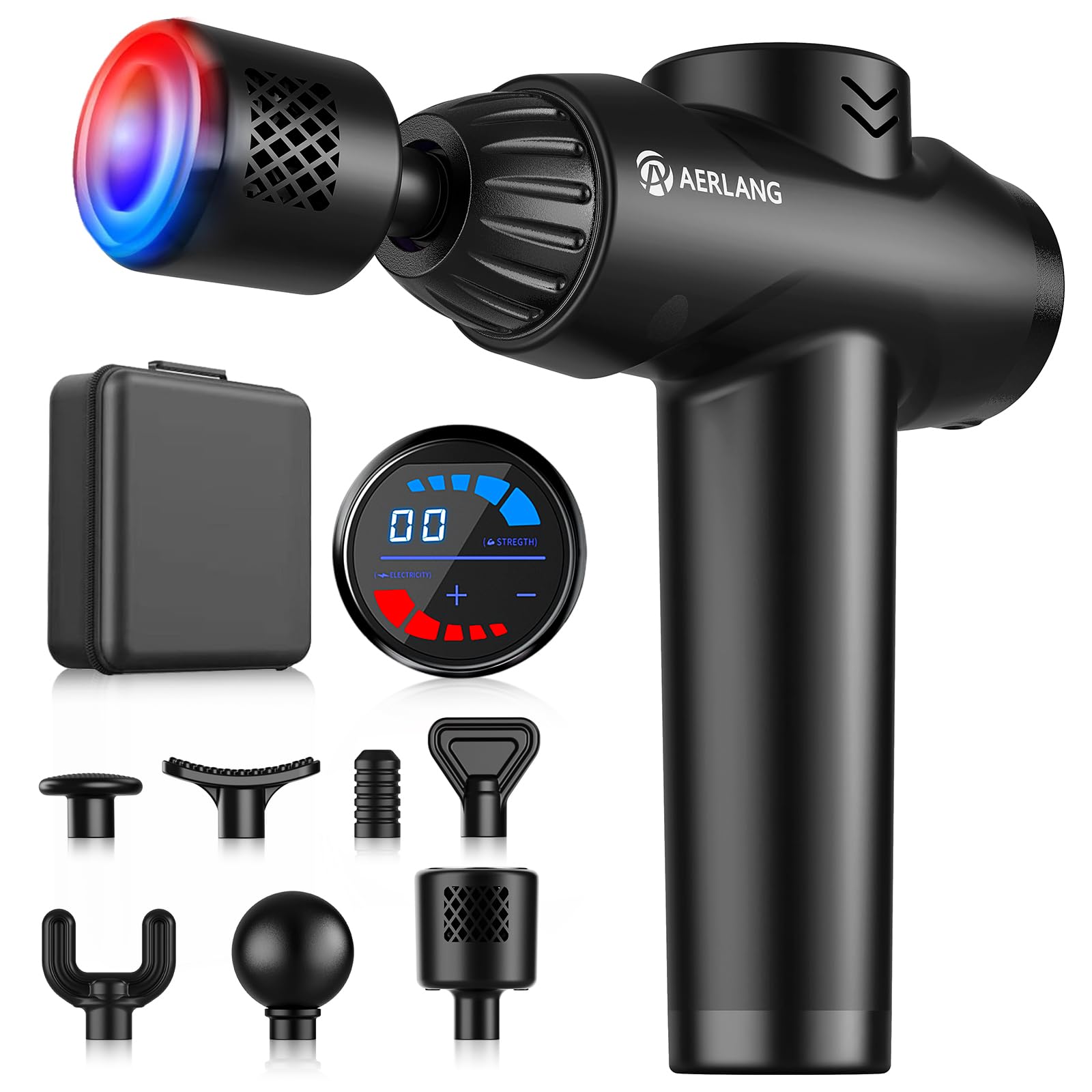AERLANG Pistola per massaggi con calore, pistola massaggiante per tessuti profondi, massaggiatore a percussione muscolare a 20 velocità con touch screen LCD, 7 teste, pistola massaggiante con custodia