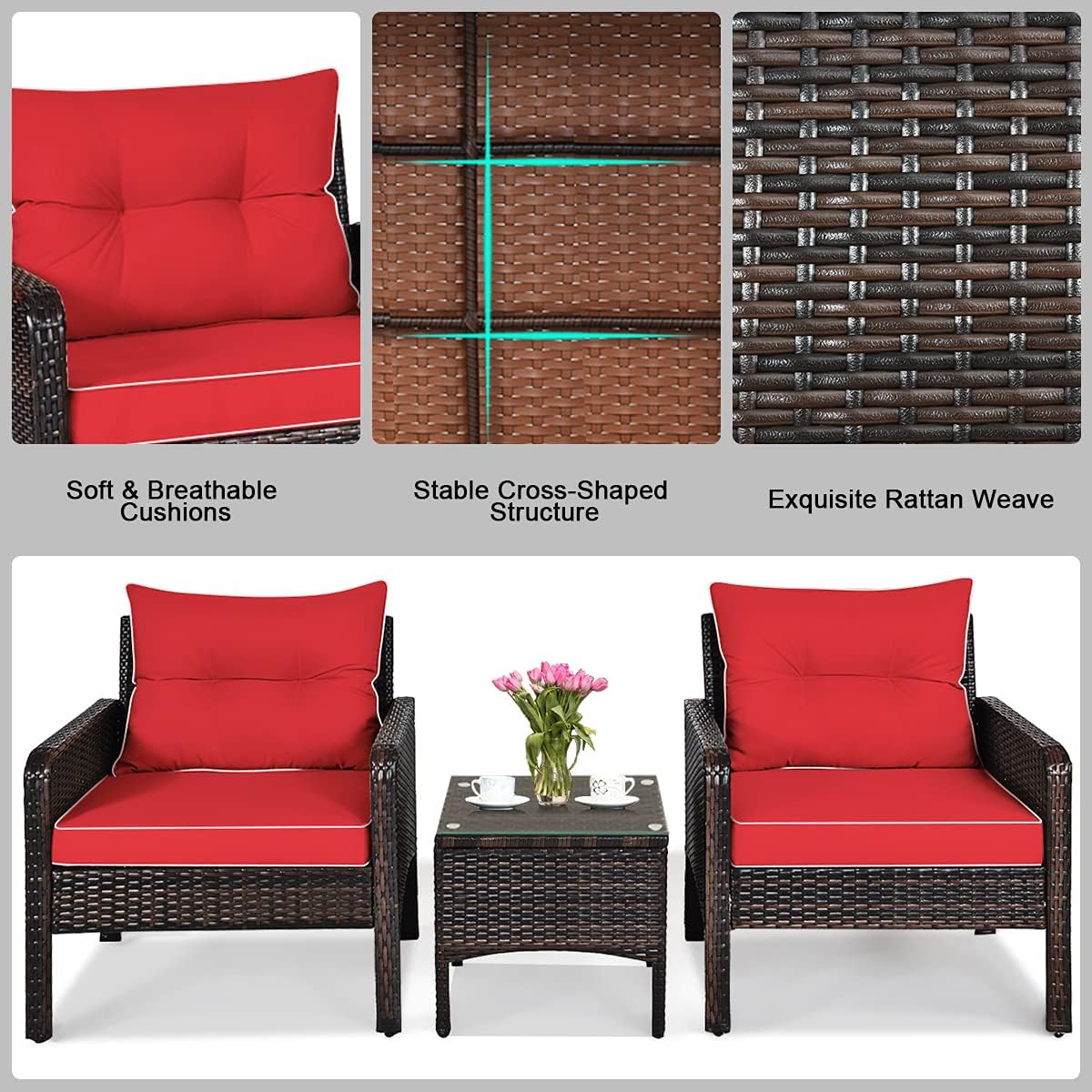 DORTALA Small Patio Furniture Set 3 Piece, Wicker Outdoor Table and Chairs Set with Cushions, All Weather Rattan Conversation Bistro Set for Balcony, Porch, Backyard, Deck, Red