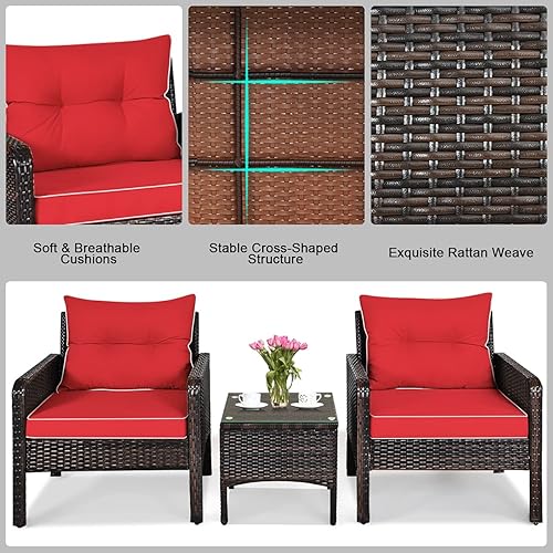 Miniatura 4 de ORALNER Juego de 3 piezas para conversación de patio, sofá de mimbre para todo tipo de clima y mesa auxiliar con cojines gruesos, muebles de